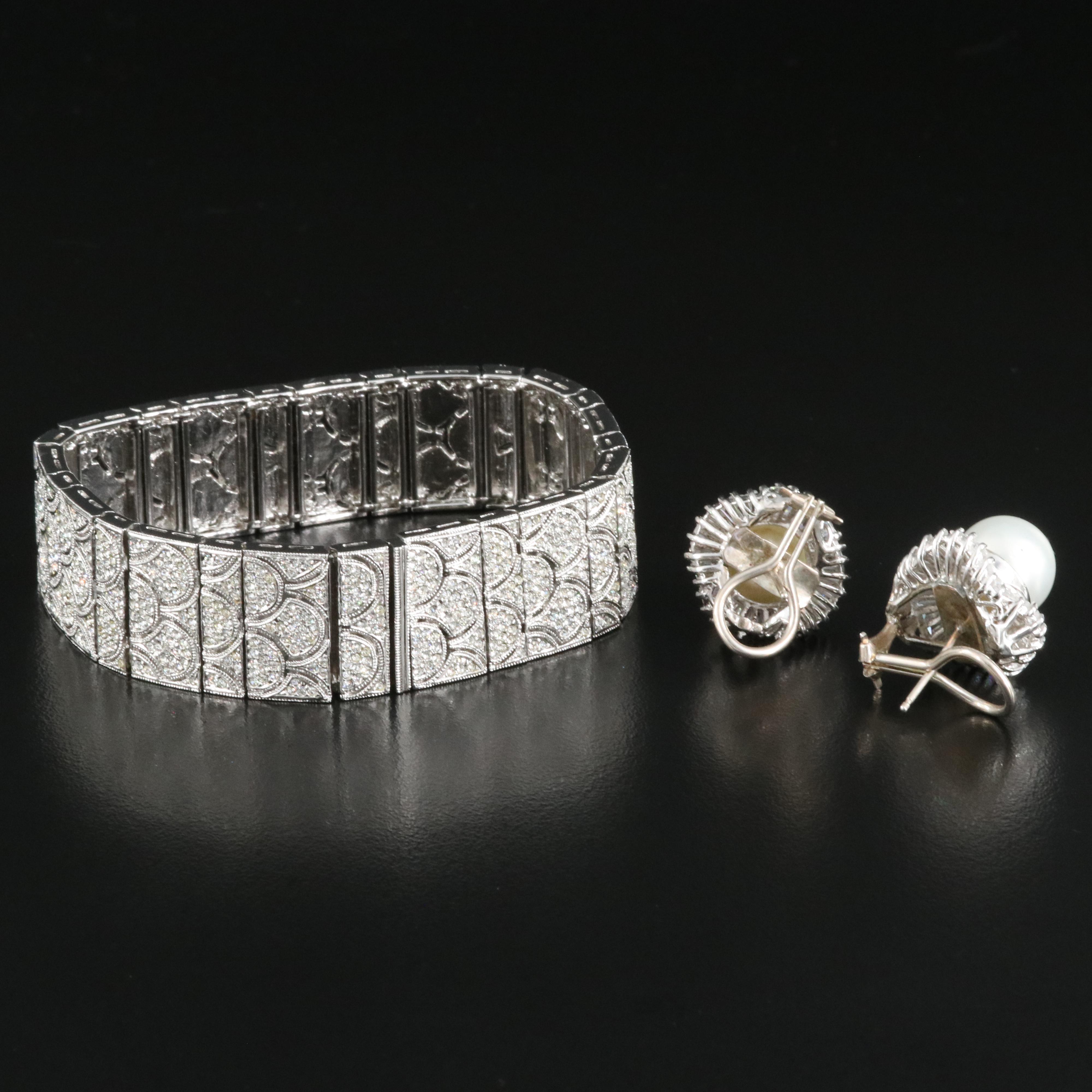 Rhinestone Bracelet and Faux Pearl and Cubic Zirconia Sterling Earrings