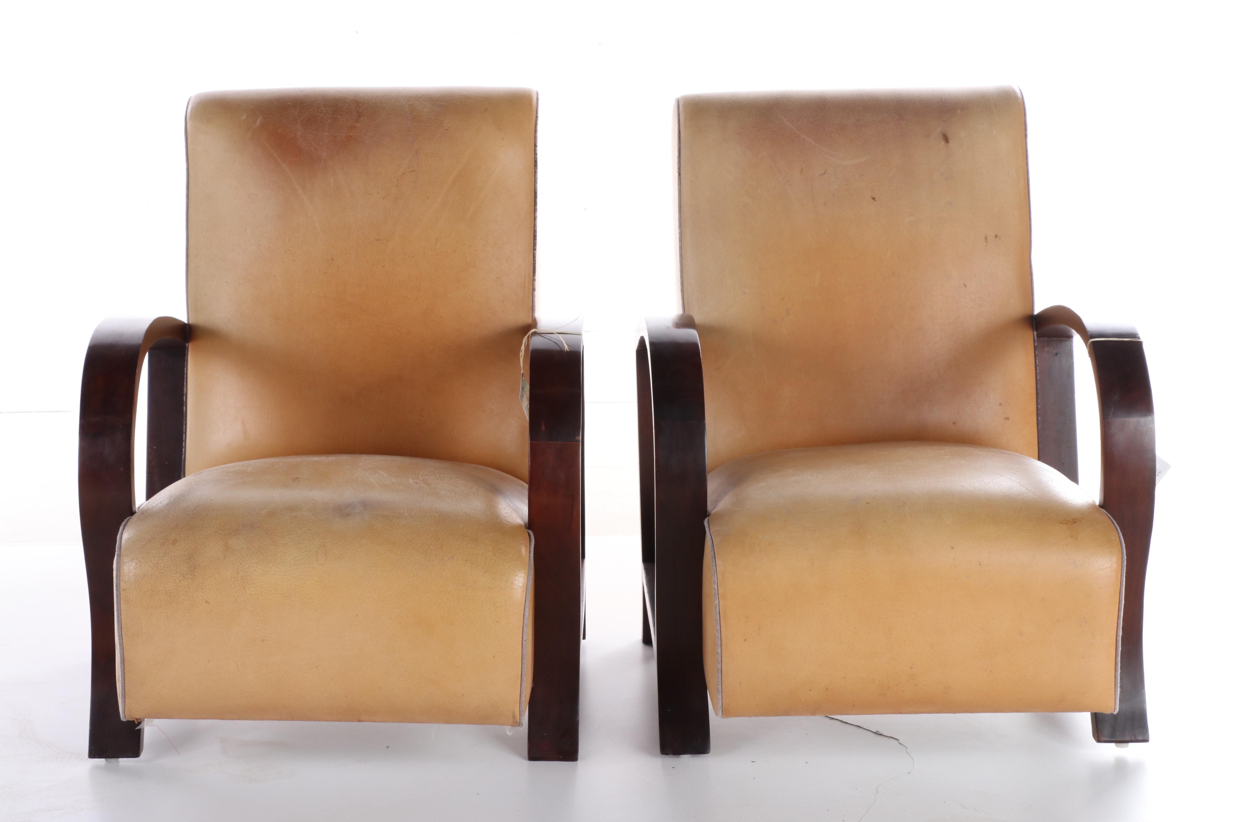 Pair of Vietnamese Art Deco Style Wood and Leather Armchairs and Ottoman