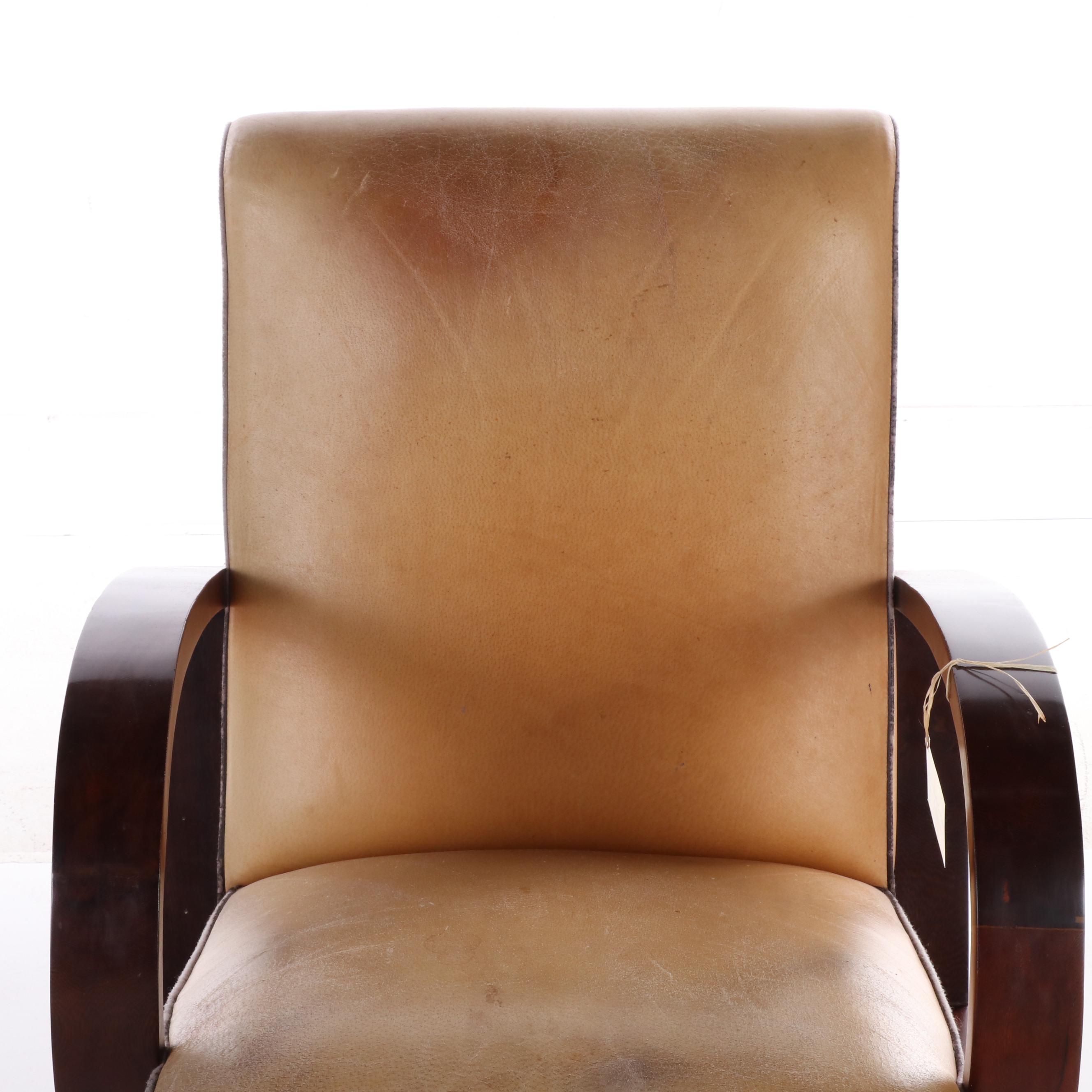 Pair of Vietnamese Art Deco Style Wood and Leather Armchairs and Ottoman