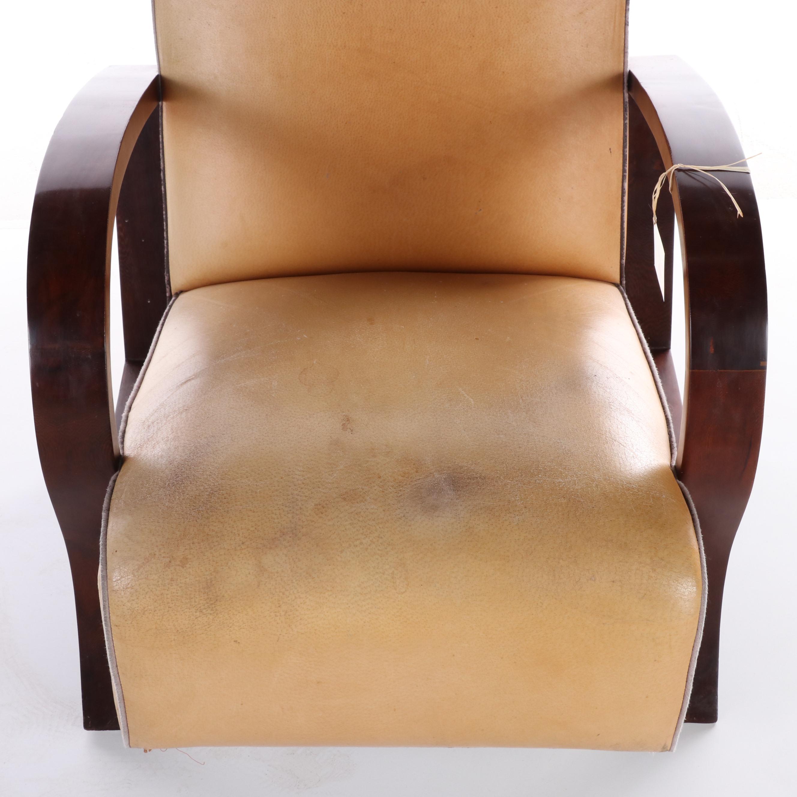 Pair of Vietnamese Art Deco Style Wood and Leather Armchairs and Ottoman