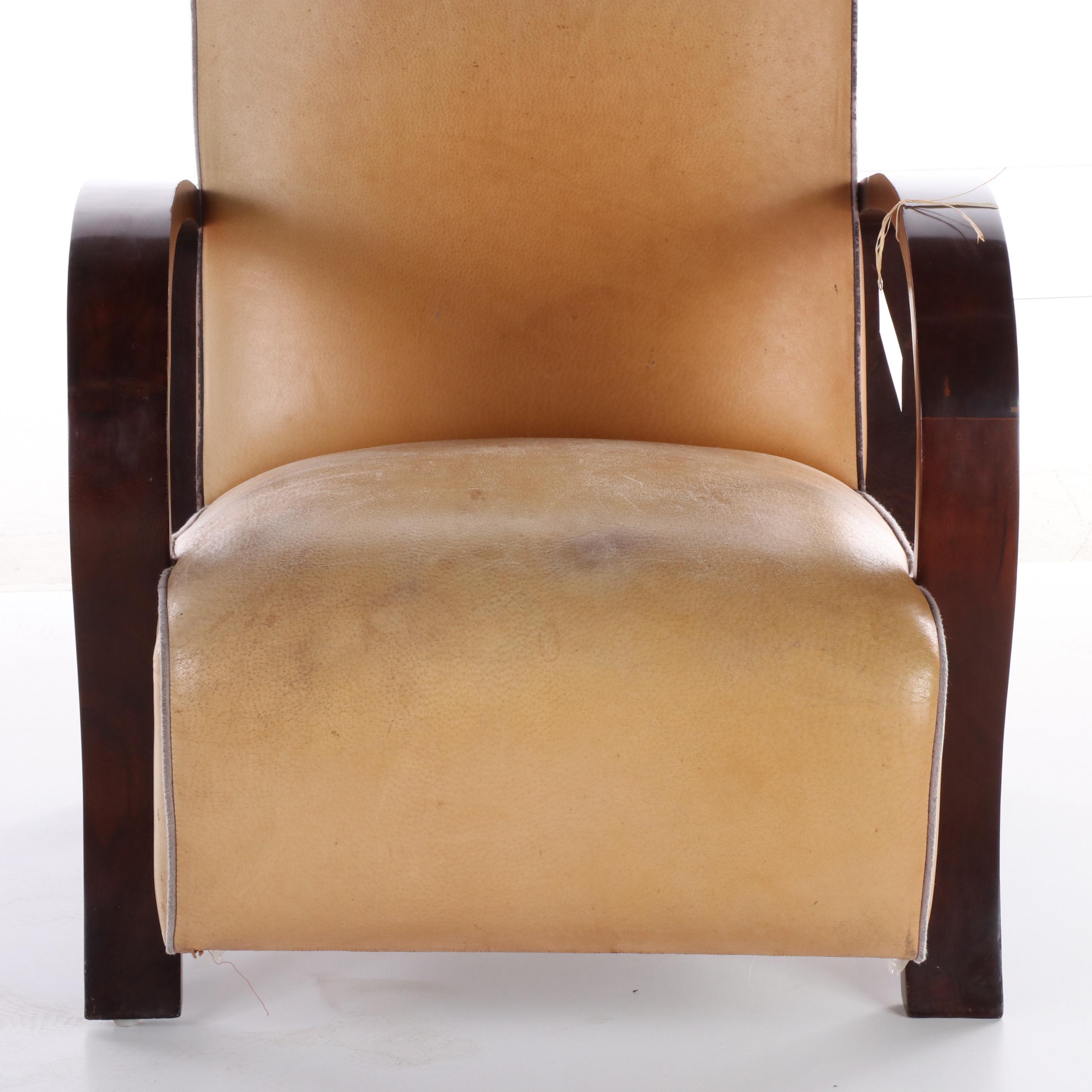 Pair of Vietnamese Art Deco Style Wood and Leather Armchairs and Ottoman