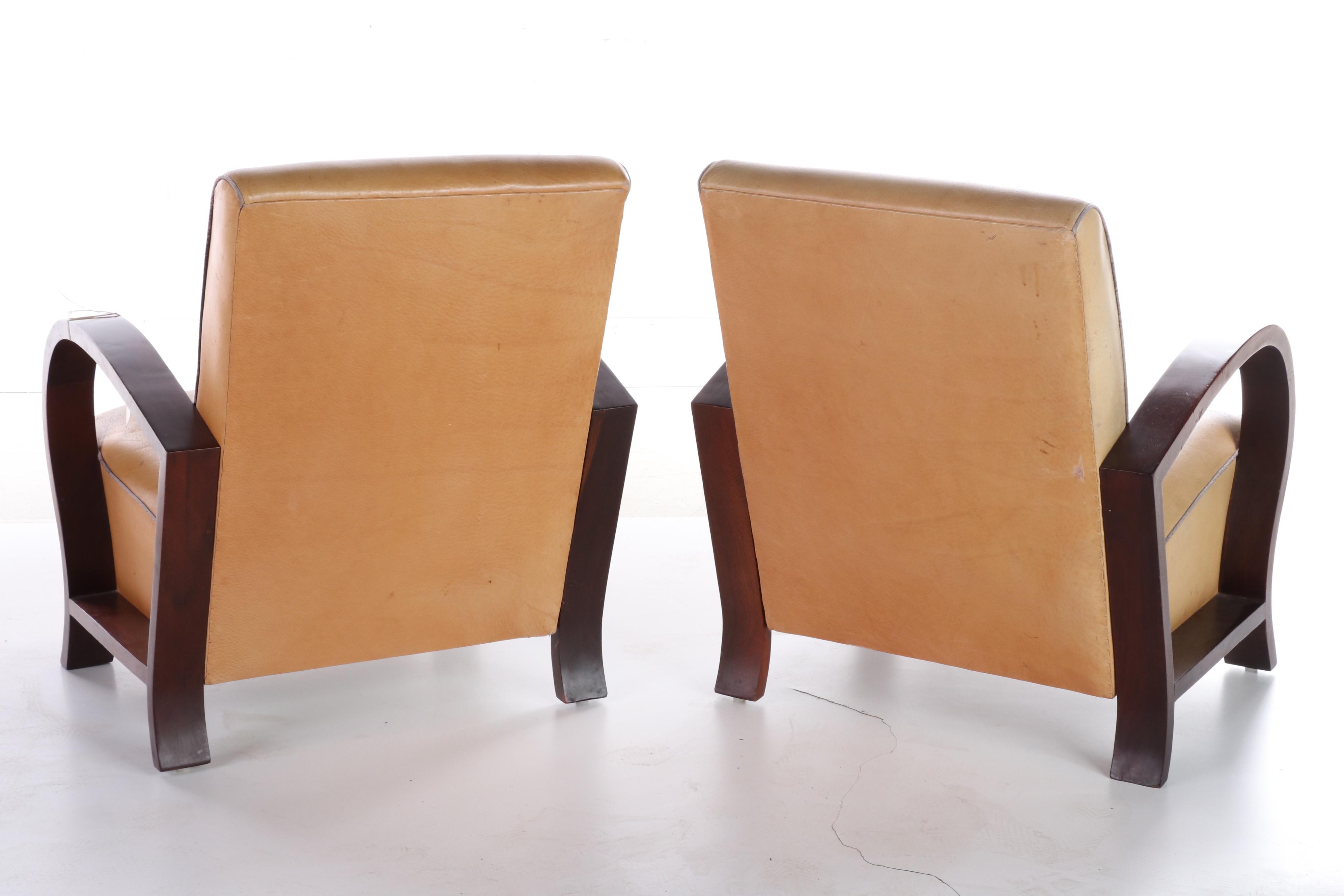 Pair of Vietnamese Art Deco Style Wood and Leather Armchairs and Ottoman