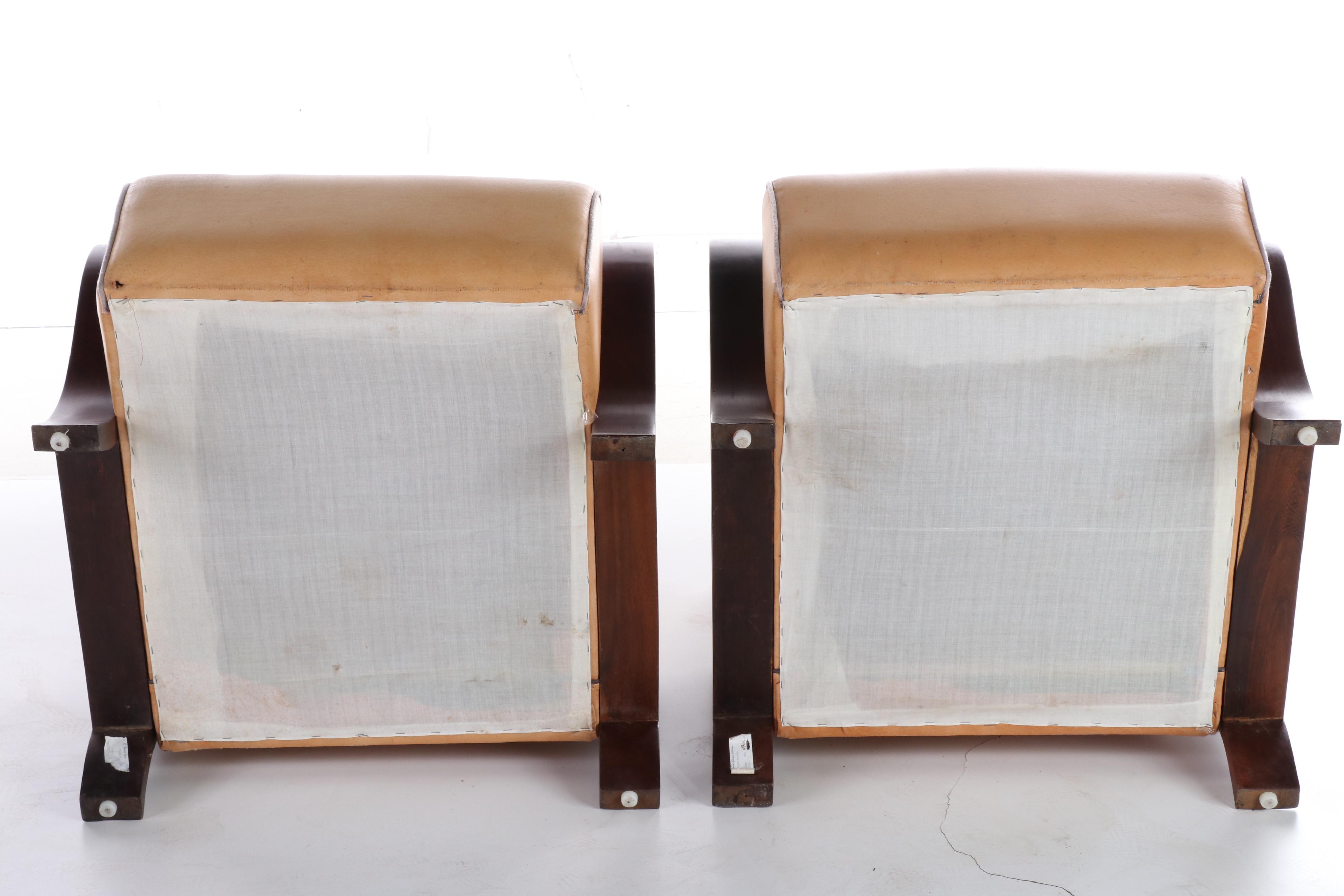 Pair of Vietnamese Art Deco Style Wood and Leather Armchairs and Ottoman