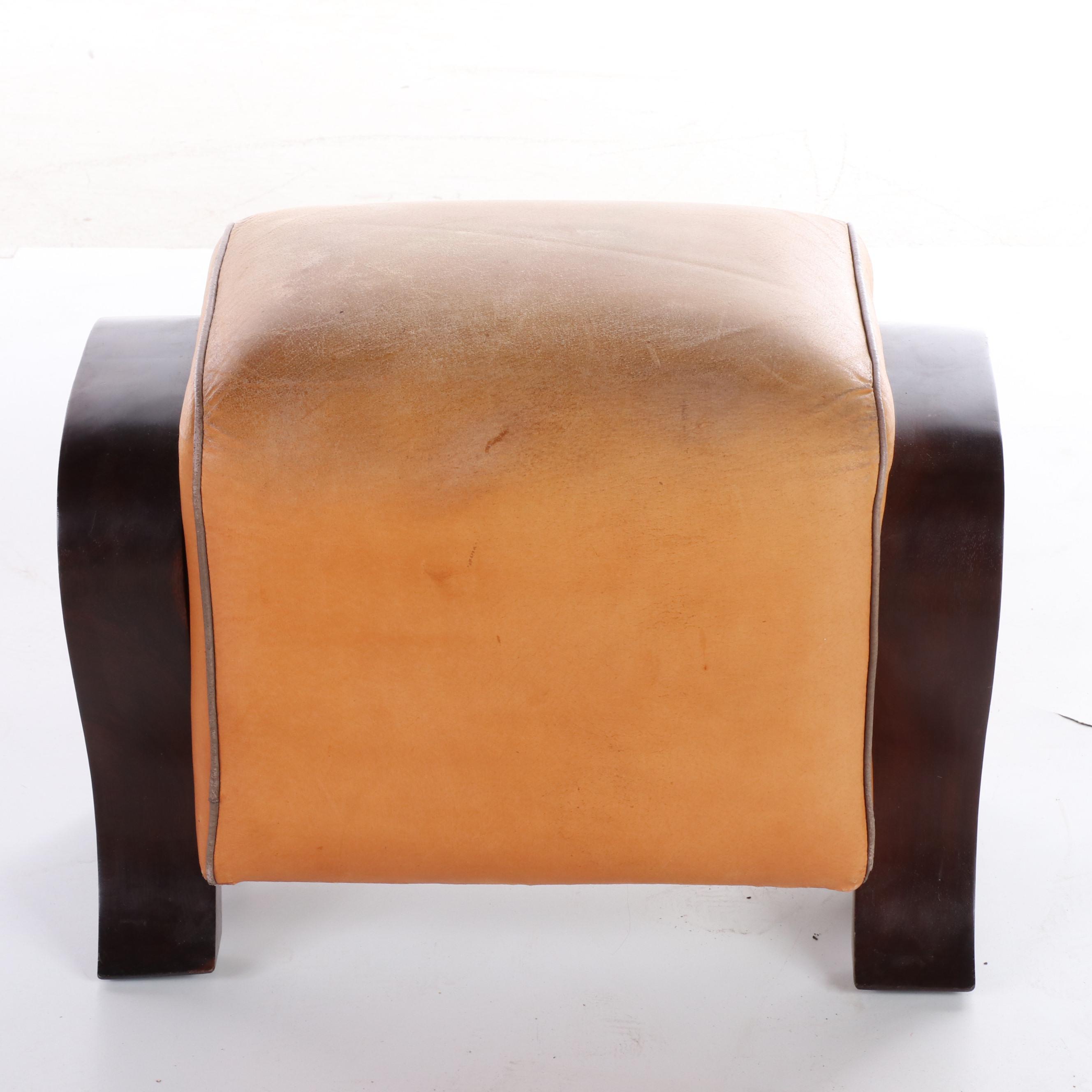 Pair of Vietnamese Art Deco Style Wood and Leather Armchairs and Ottoman