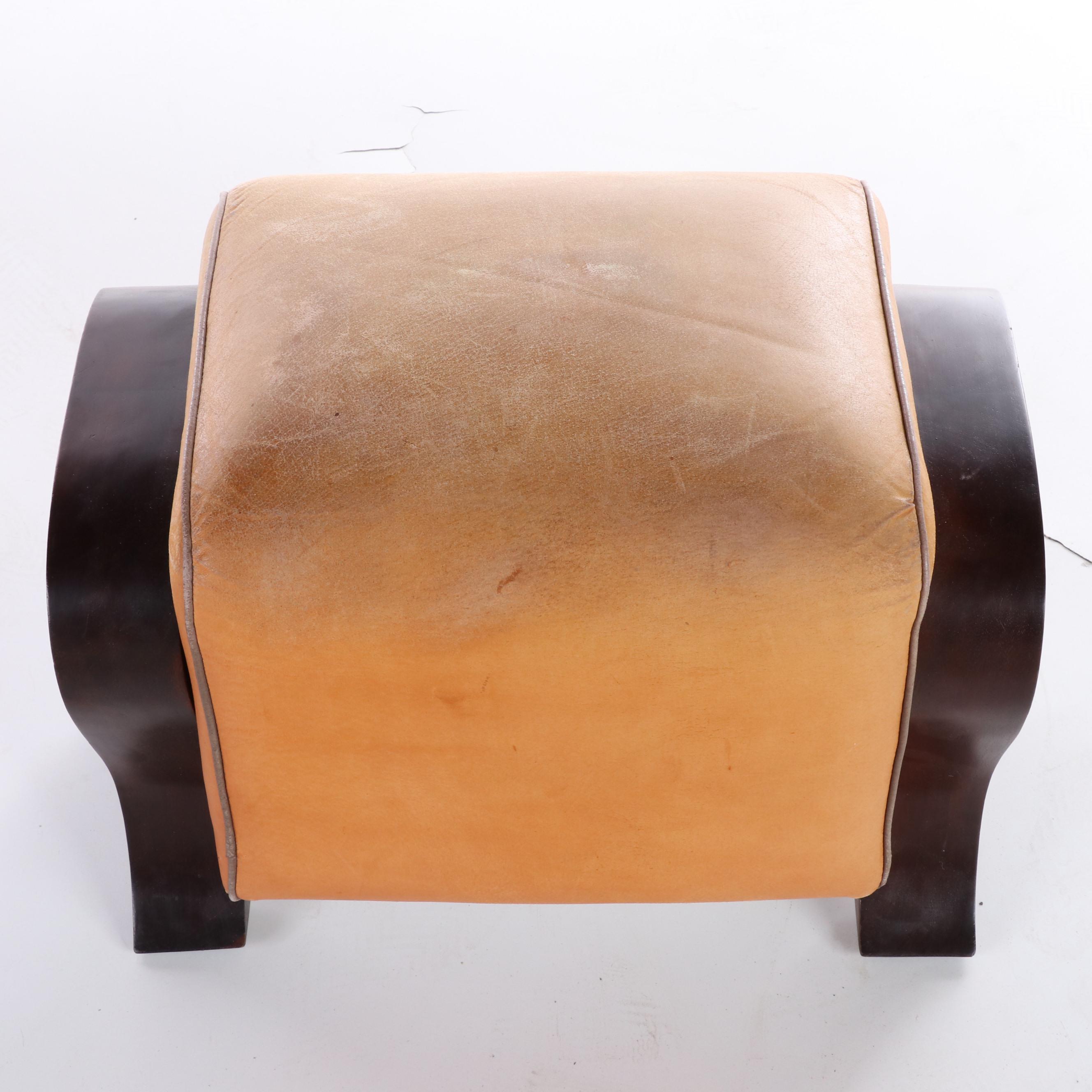 Pair of Vietnamese Art Deco Style Wood and Leather Armchairs and Ottoman