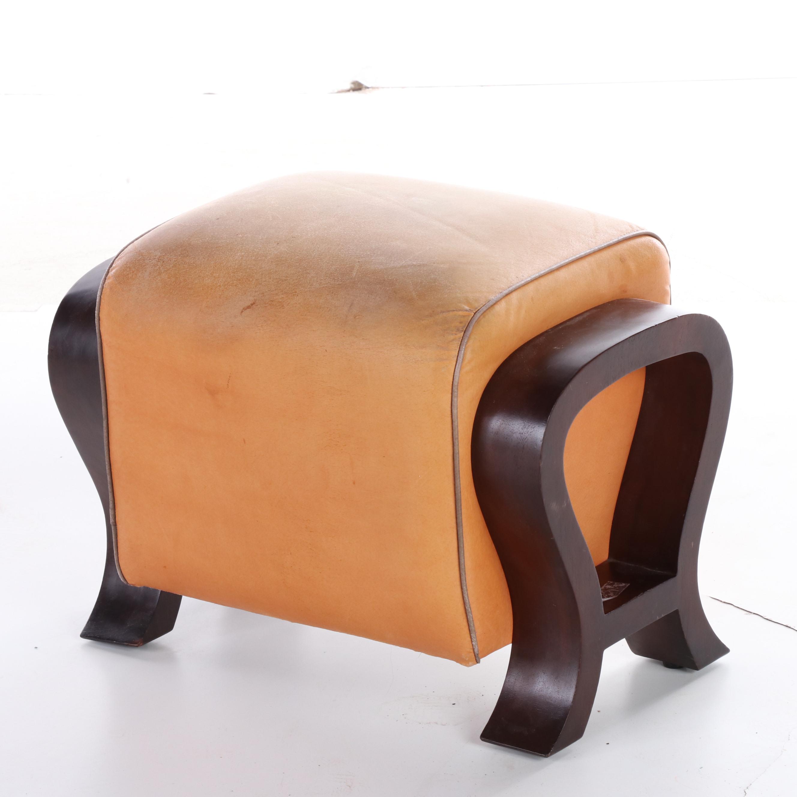 Pair of Vietnamese Art Deco Style Wood and Leather Armchairs and Ottoman