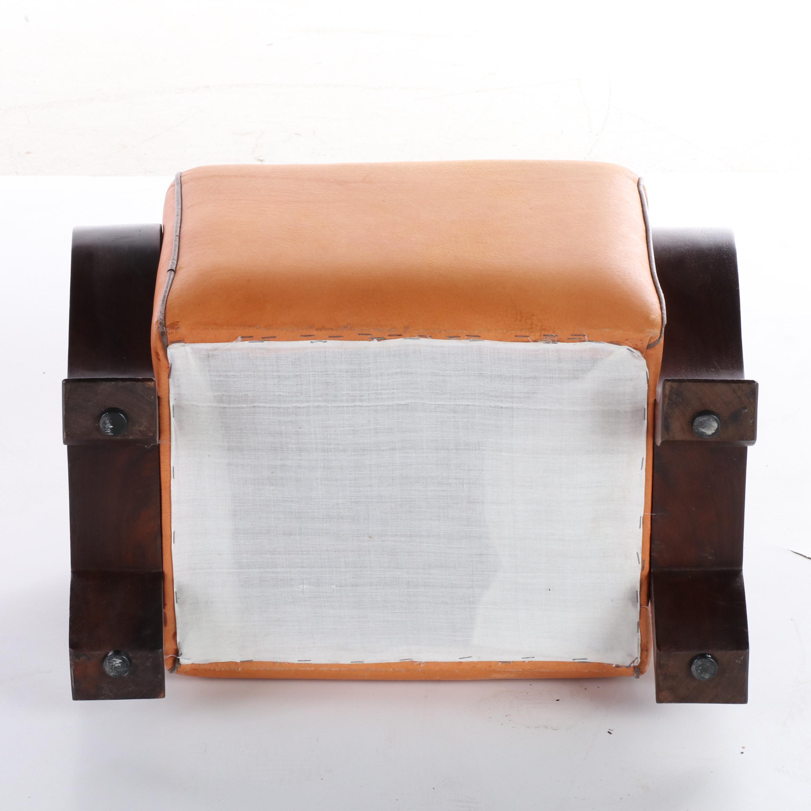 Pair of Vietnamese Art Deco Style Wood and Leather Armchairs and Ottoman