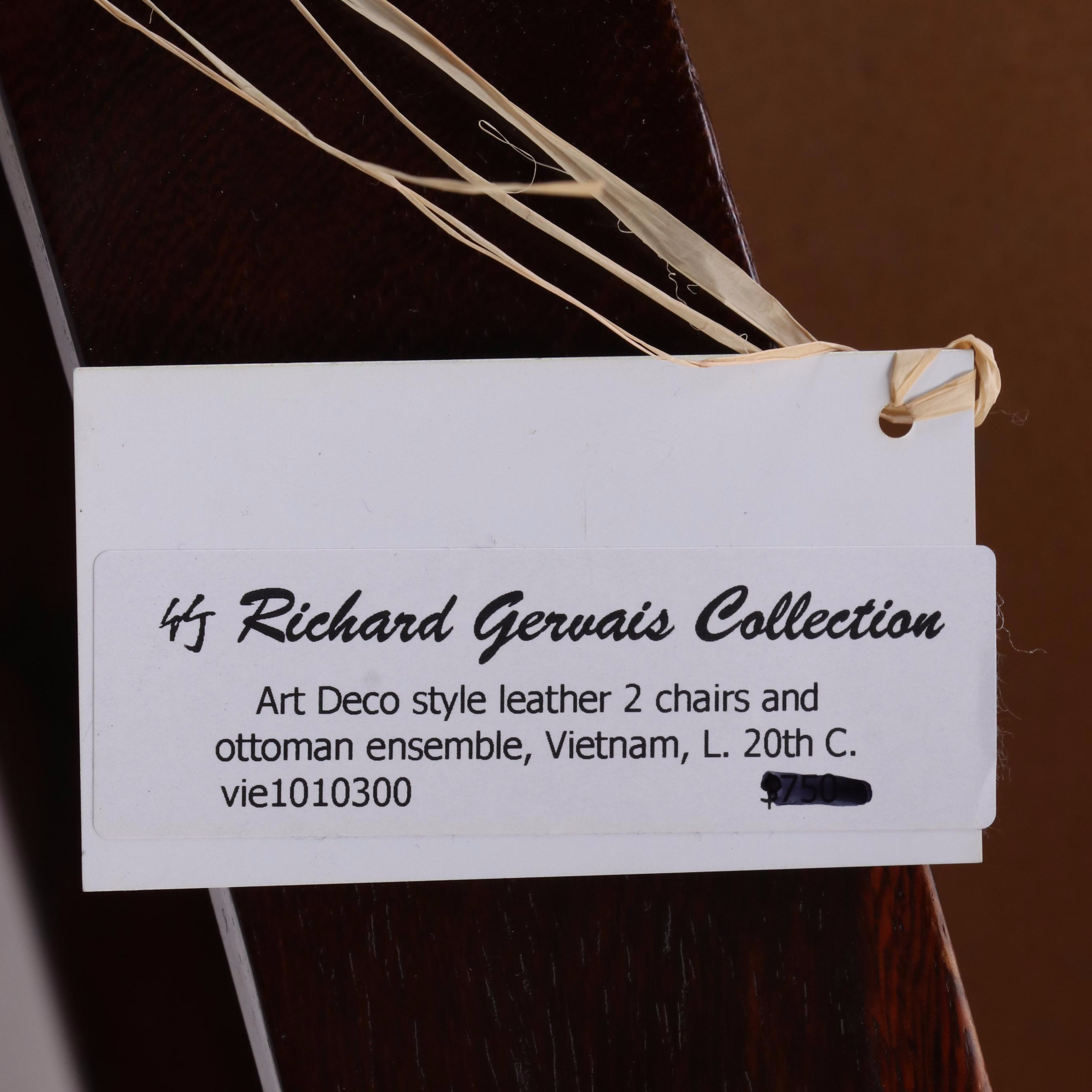 Pair of Vietnamese Art Deco Style Wood and Leather Armchairs and Ottoman