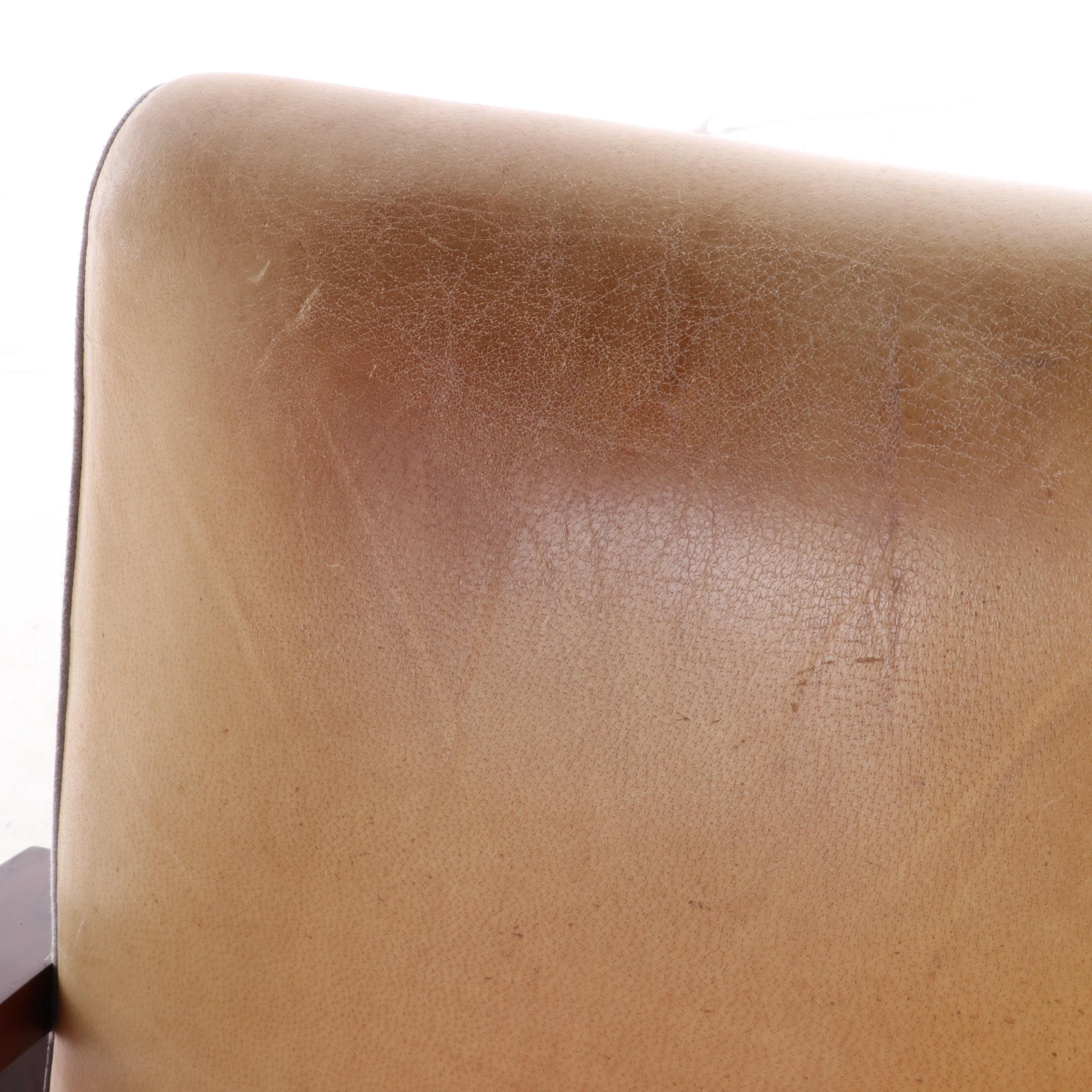 Pair of Vietnamese Art Deco Style Wood and Leather Armchairs and Ottoman