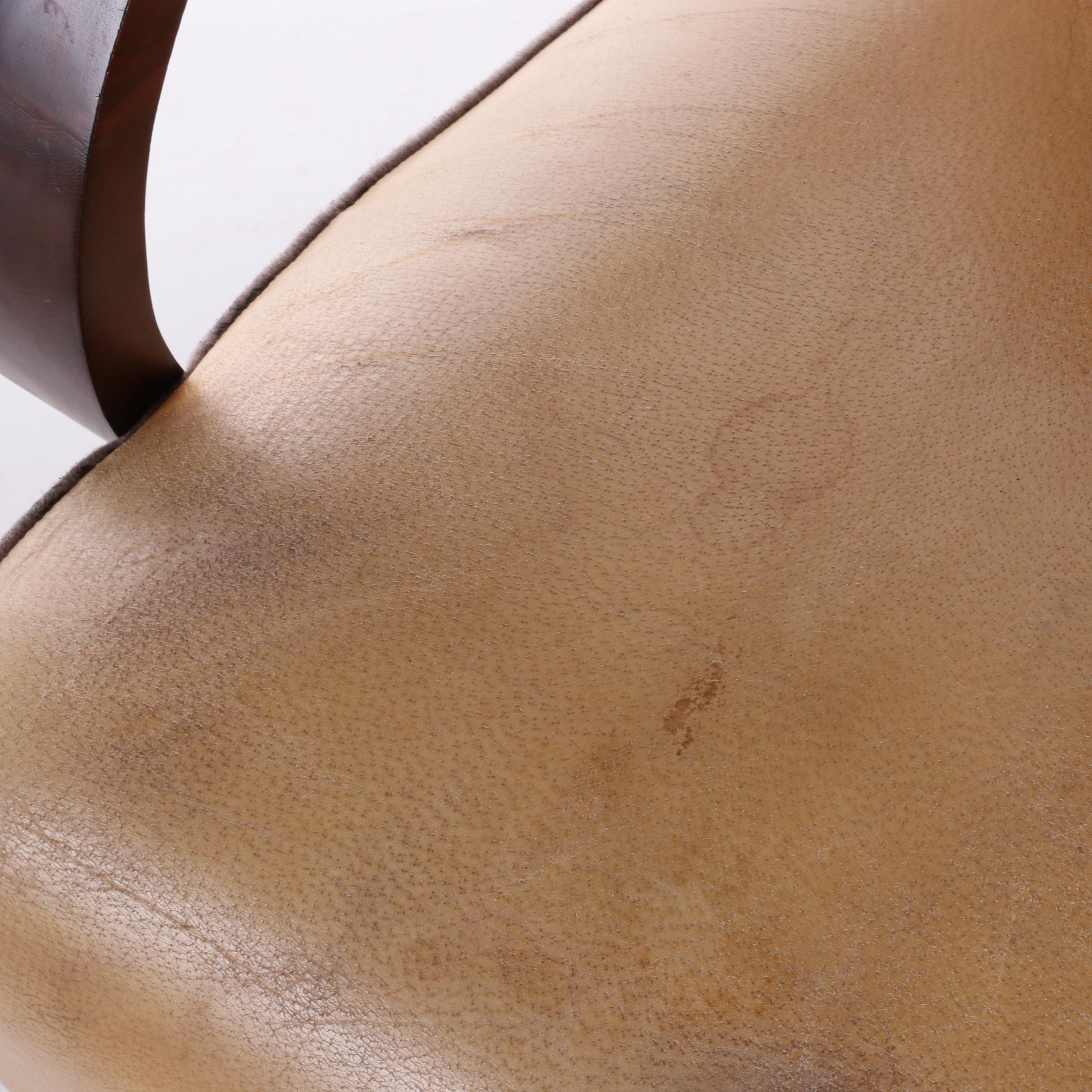 Pair of Vietnamese Art Deco Style Wood and Leather Armchairs and Ottoman