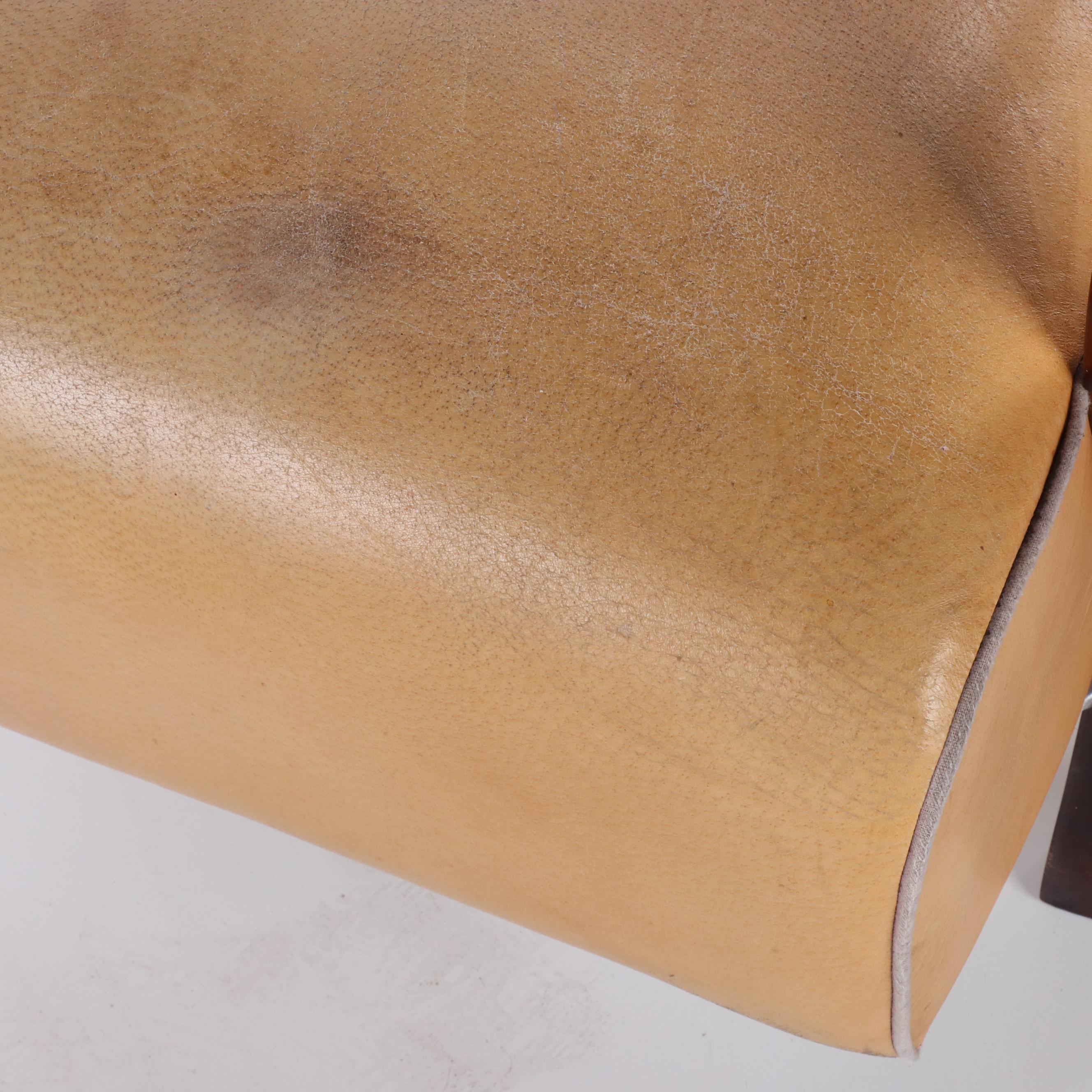 Pair of Vietnamese Art Deco Style Wood and Leather Armchairs and Ottoman