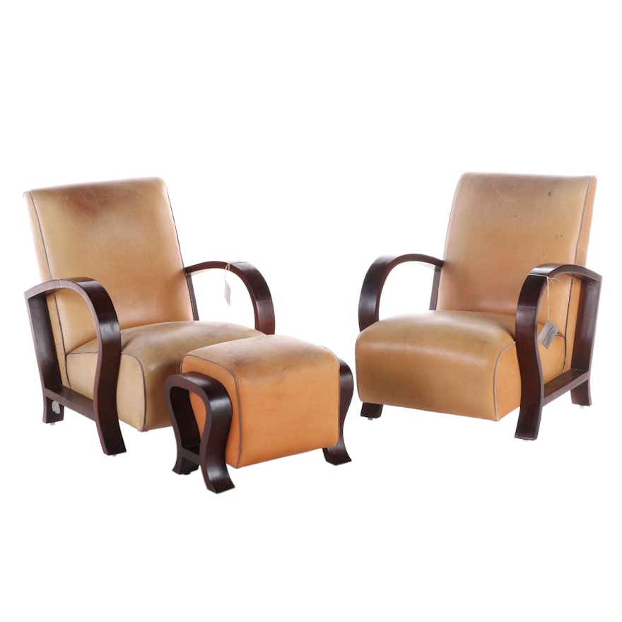 Pair of Vietnamese Art Deco Style Wood and Leather Armchairs and Ottoman