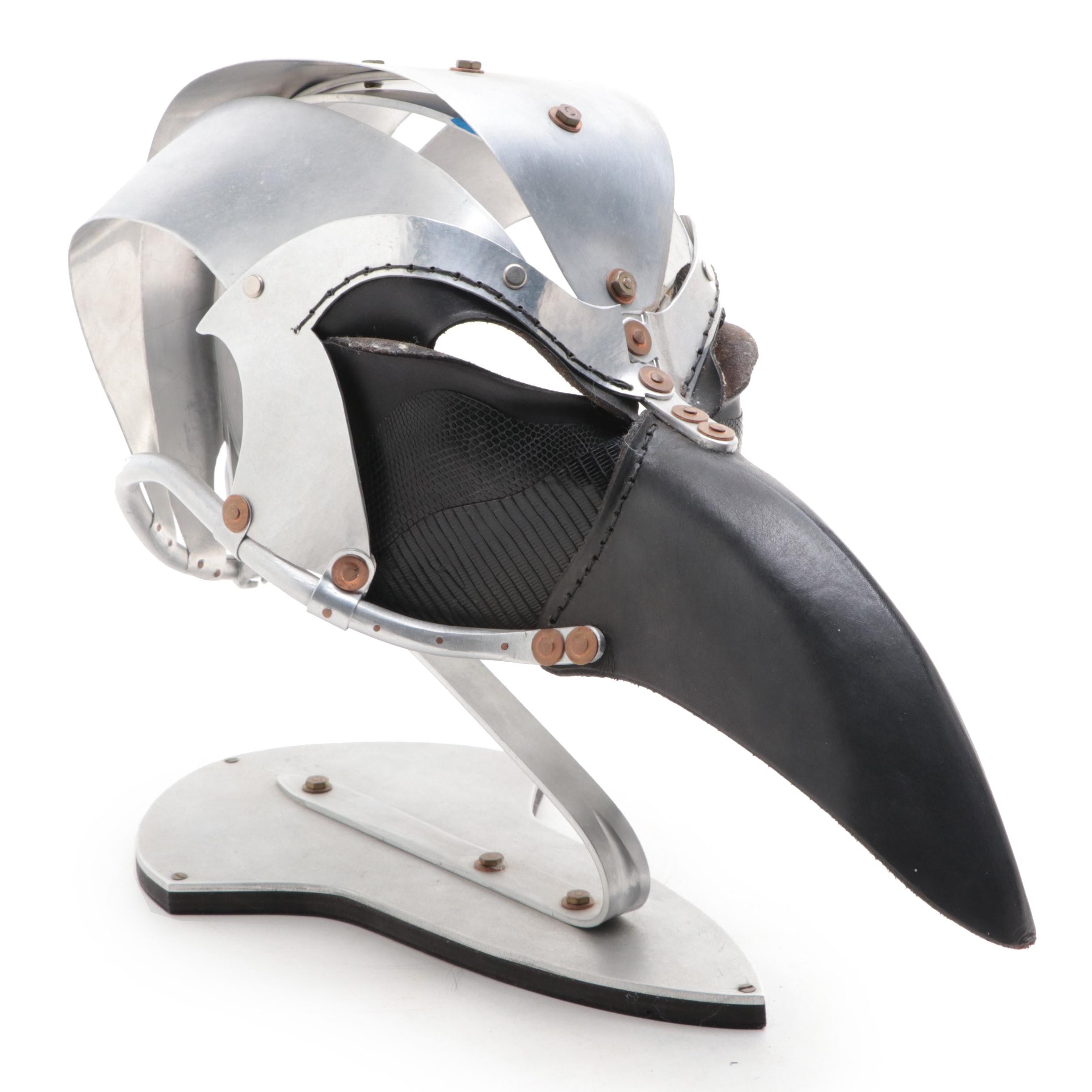 Plague Doctor Steampunk Style Metal and Leather Helmet with Stand