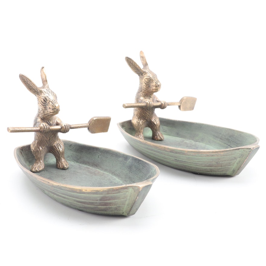 Patinated Cast Metal Rabbit in Rowboat Trinket Dishes