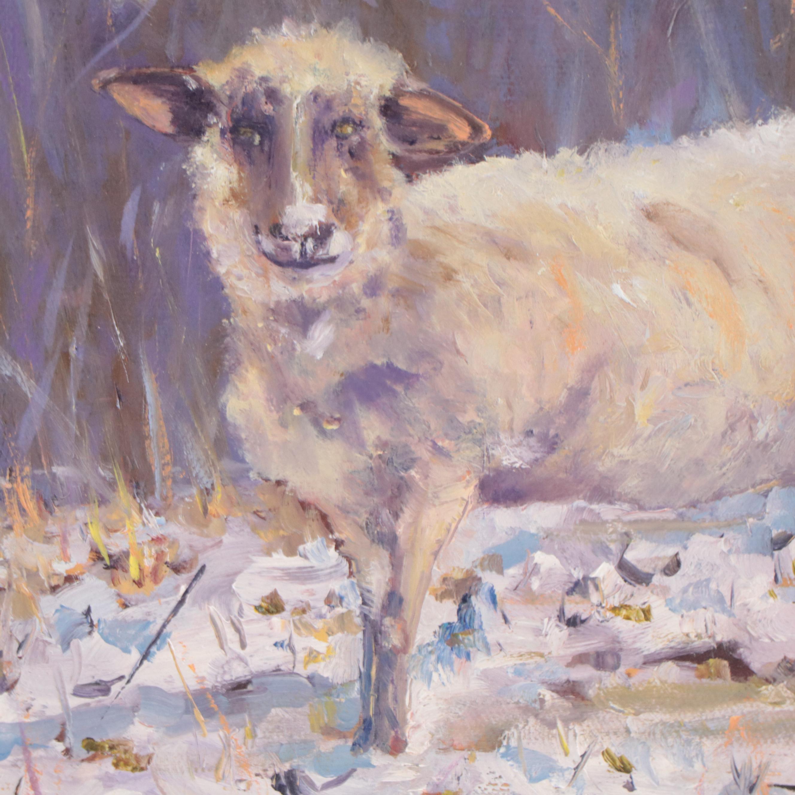 Susan Grier Oil Painting of Sheep in Snow, 21st Century