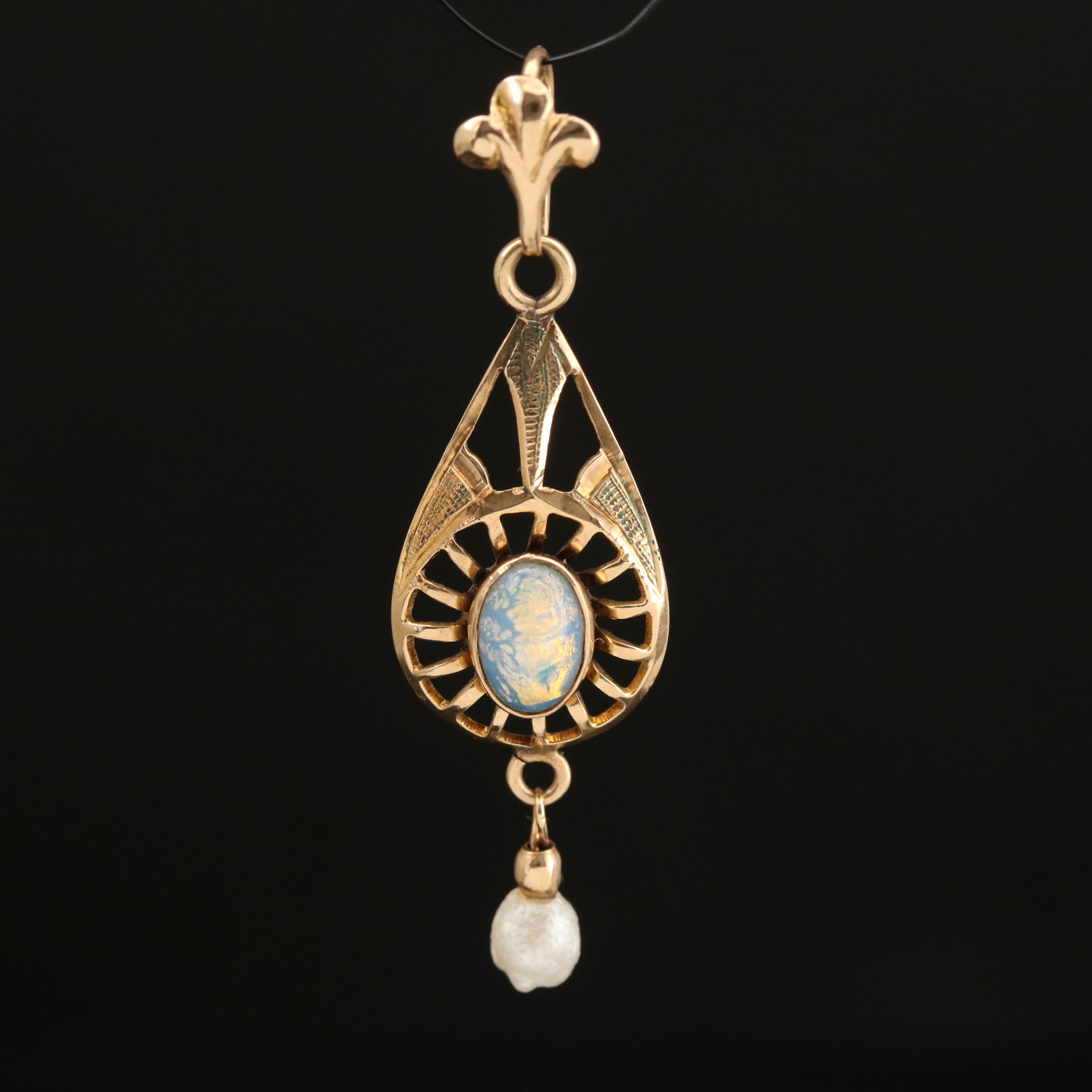 Antique 10K Faux Opal and Pearl Lavalier Pendant
