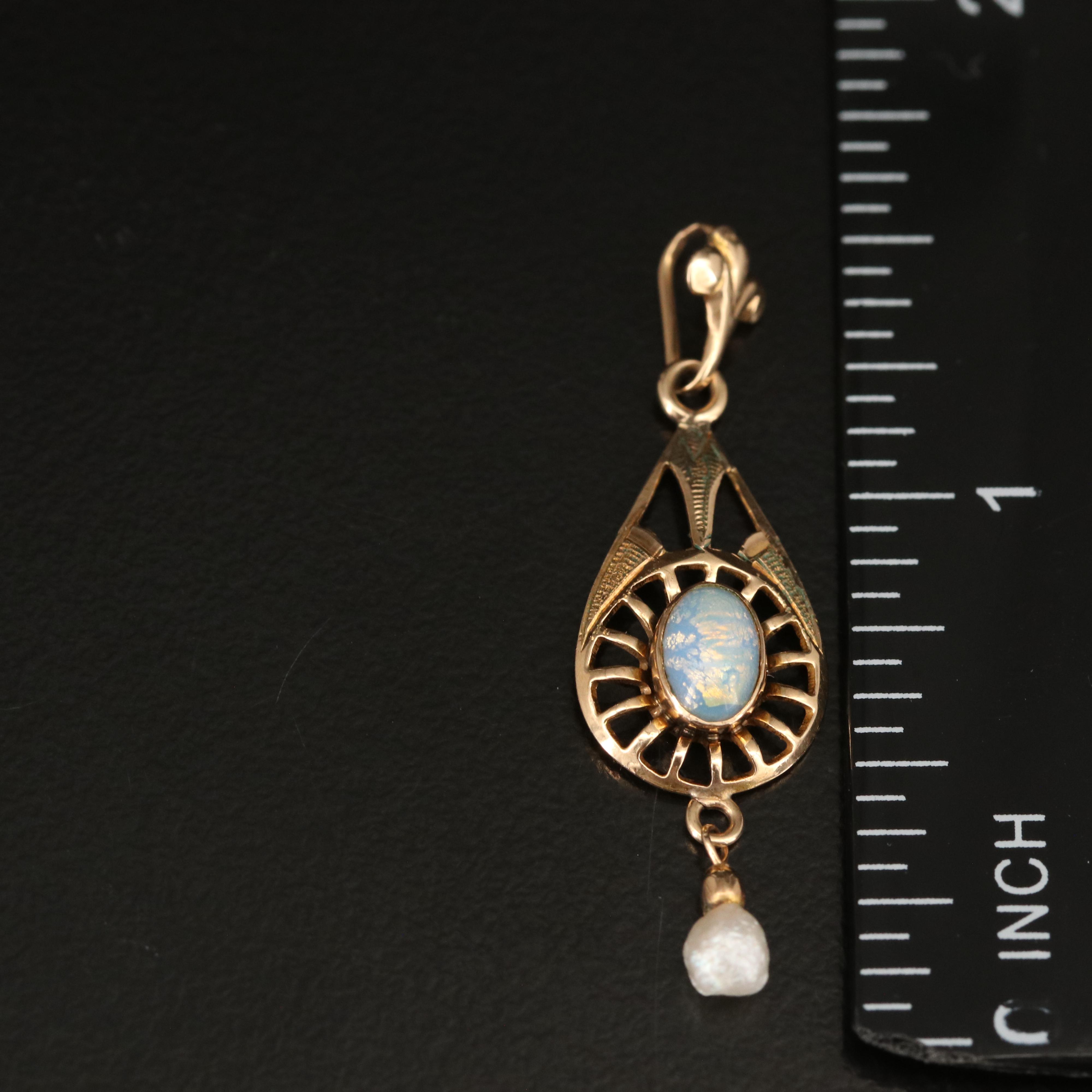 Antique 10K Faux Opal and Pearl Lavalier Pendant