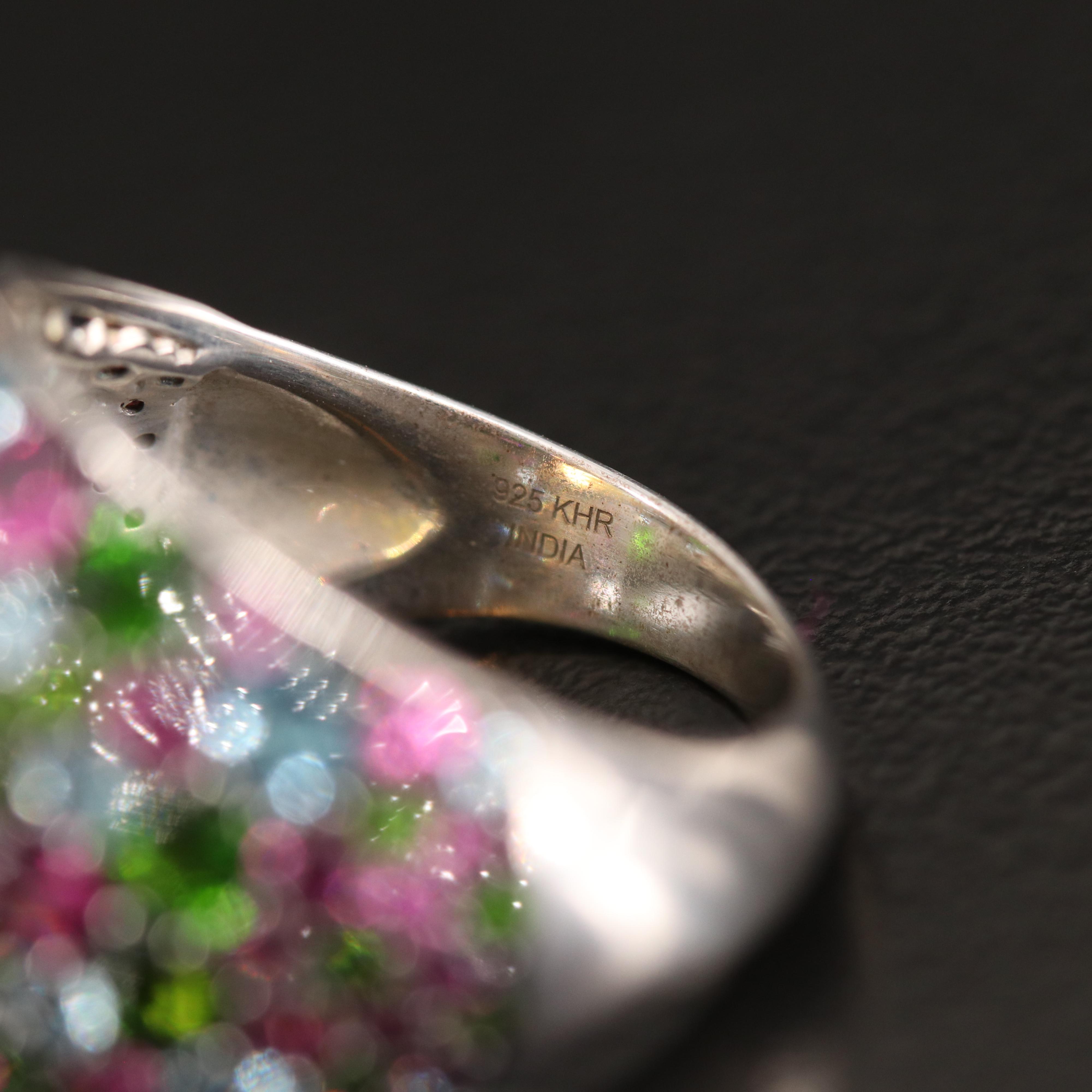 Opal Ring with Diopside Halo and Swiss Blue Topaz Accents in Sterling