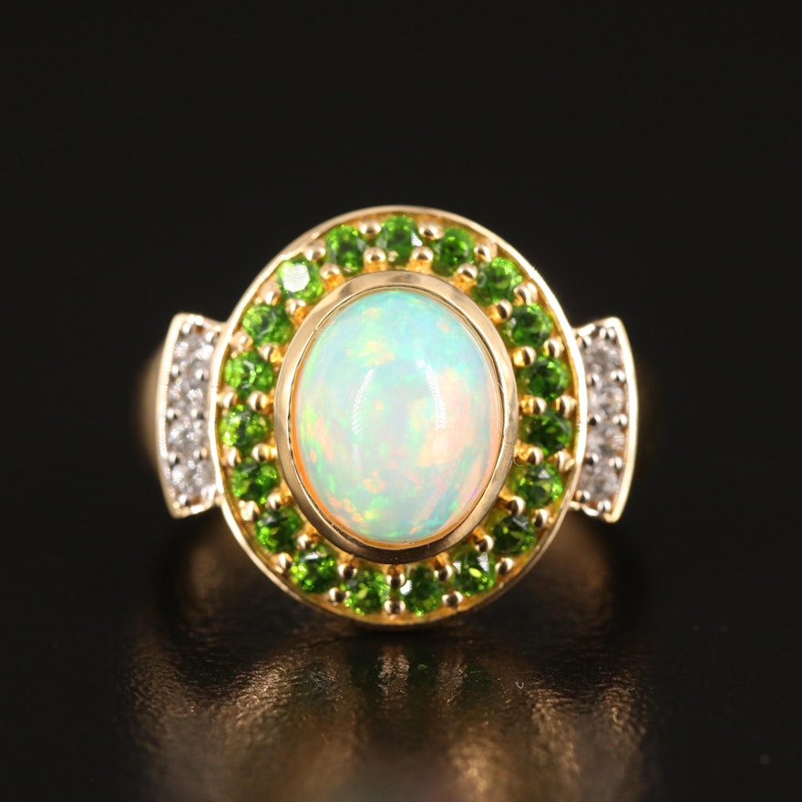 Opal Ring with Diopside Halo and White Zircon Accents in Sterling