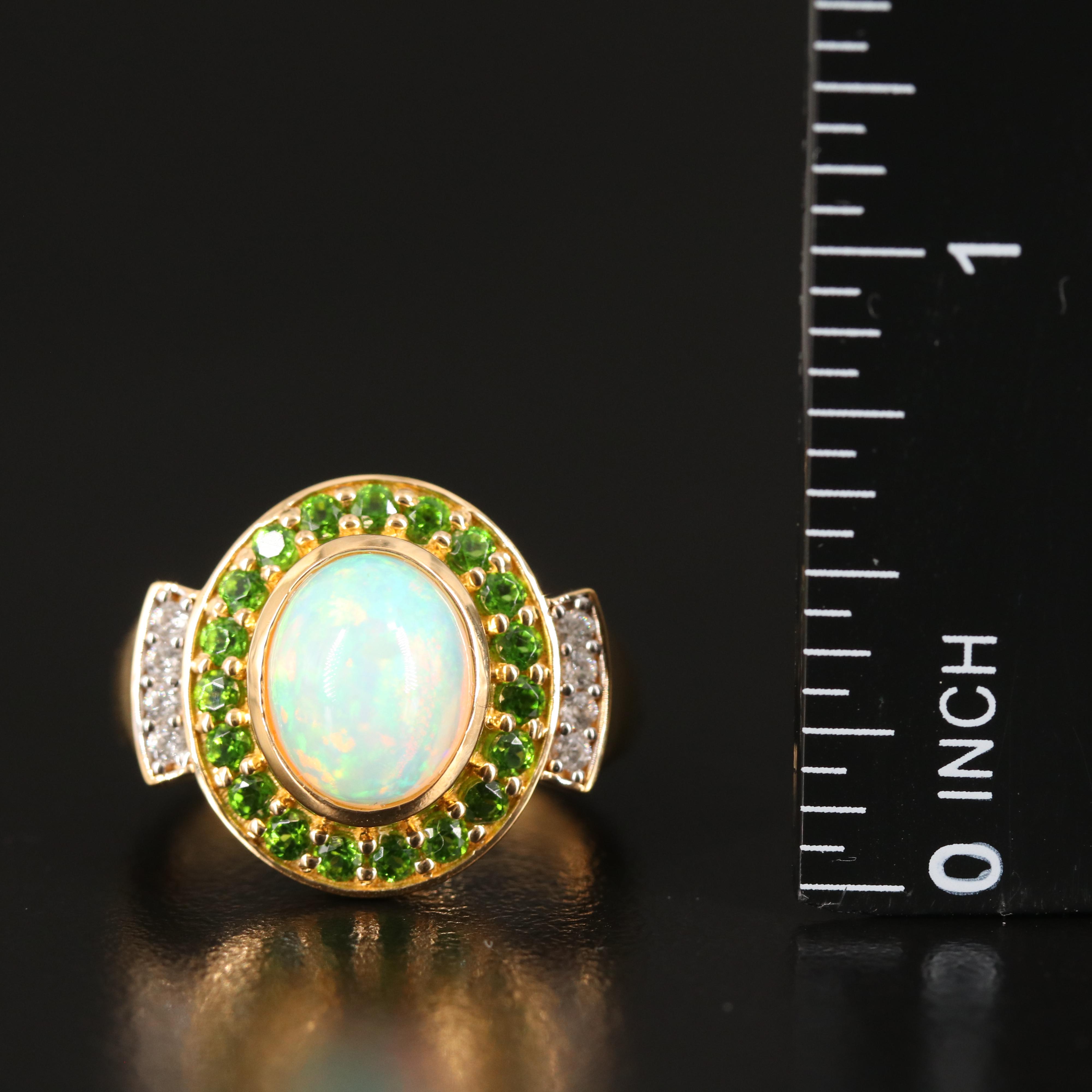 Opal Ring with Diopside Halo and White Zircon Accents in Sterling