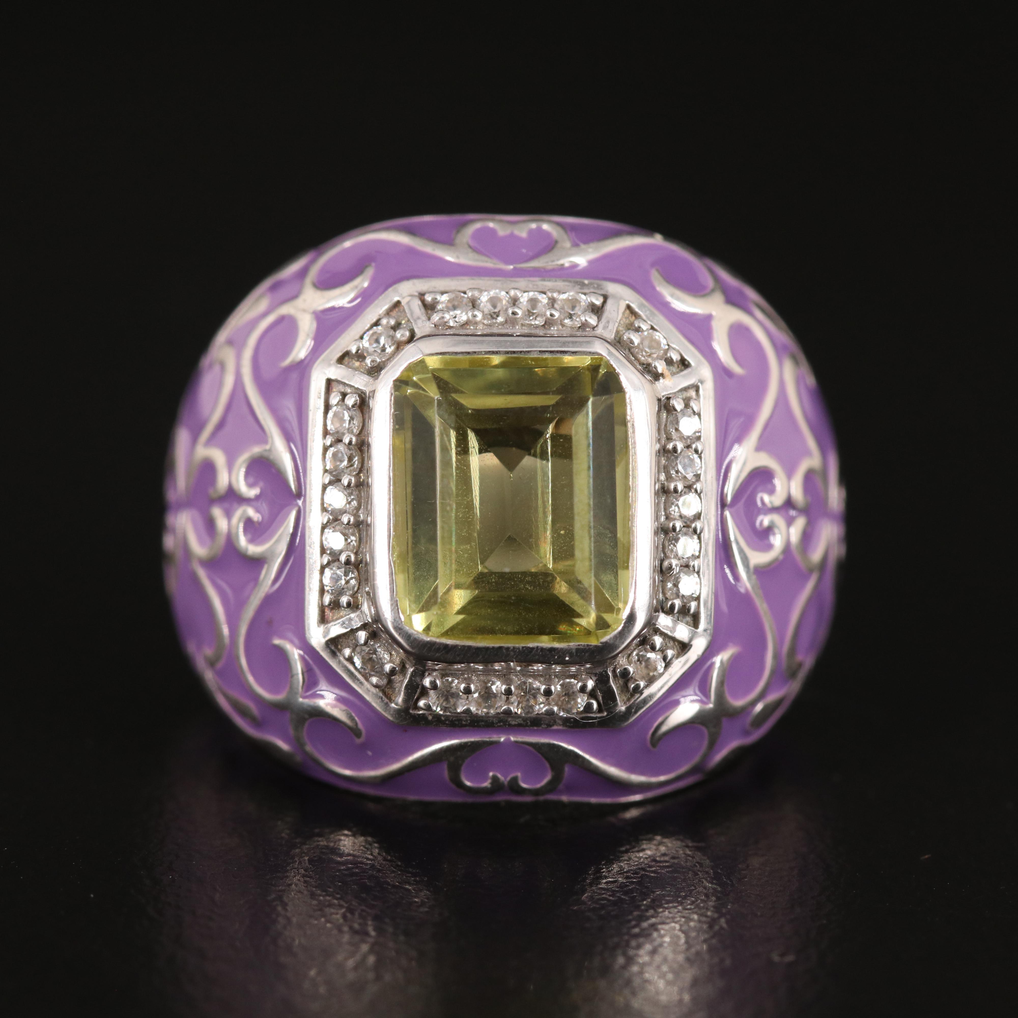 Citrine Ring with White Zircon Halo and Enameled Accents in Sterling