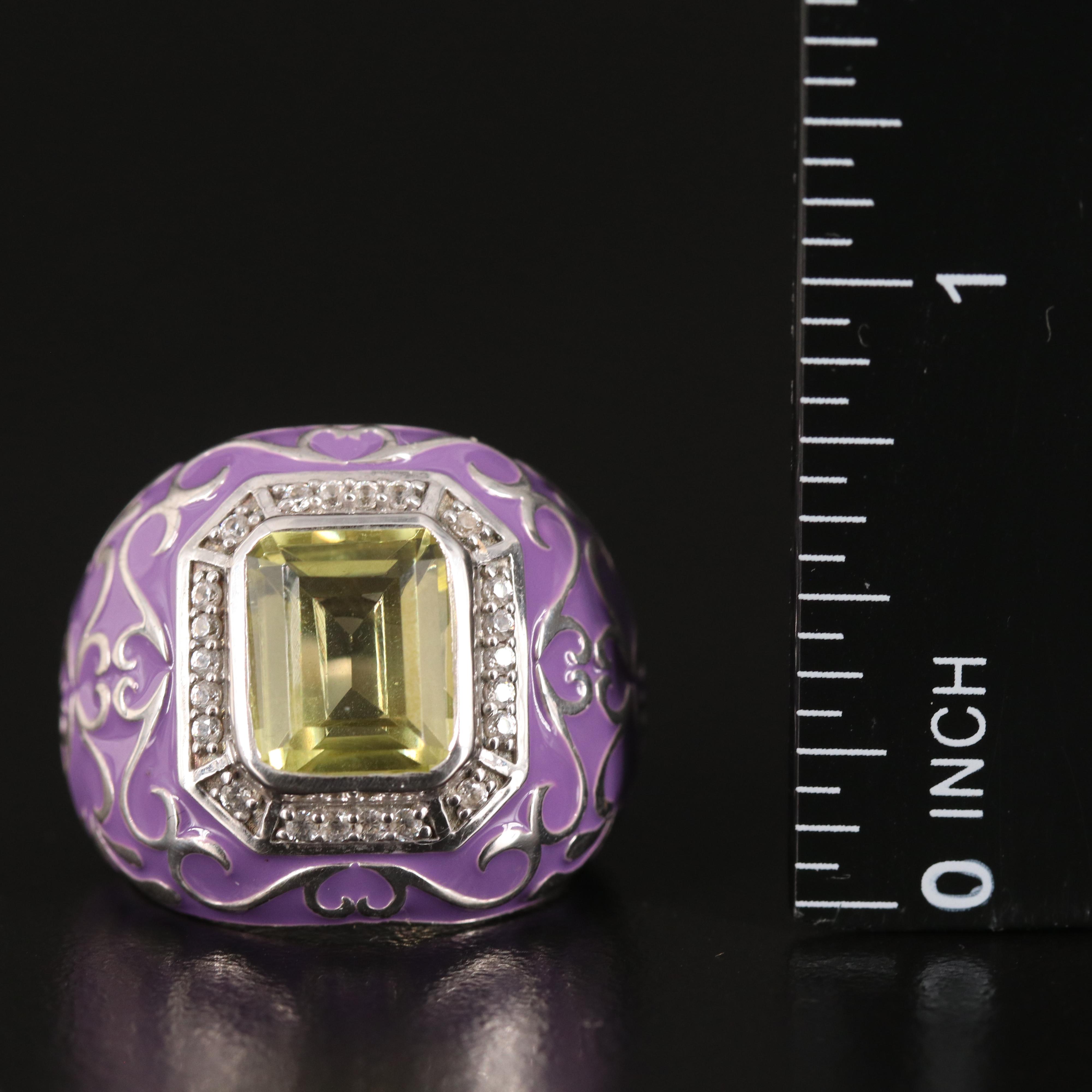 Citrine Ring with White Zircon Halo and Enameled Accents in Sterling