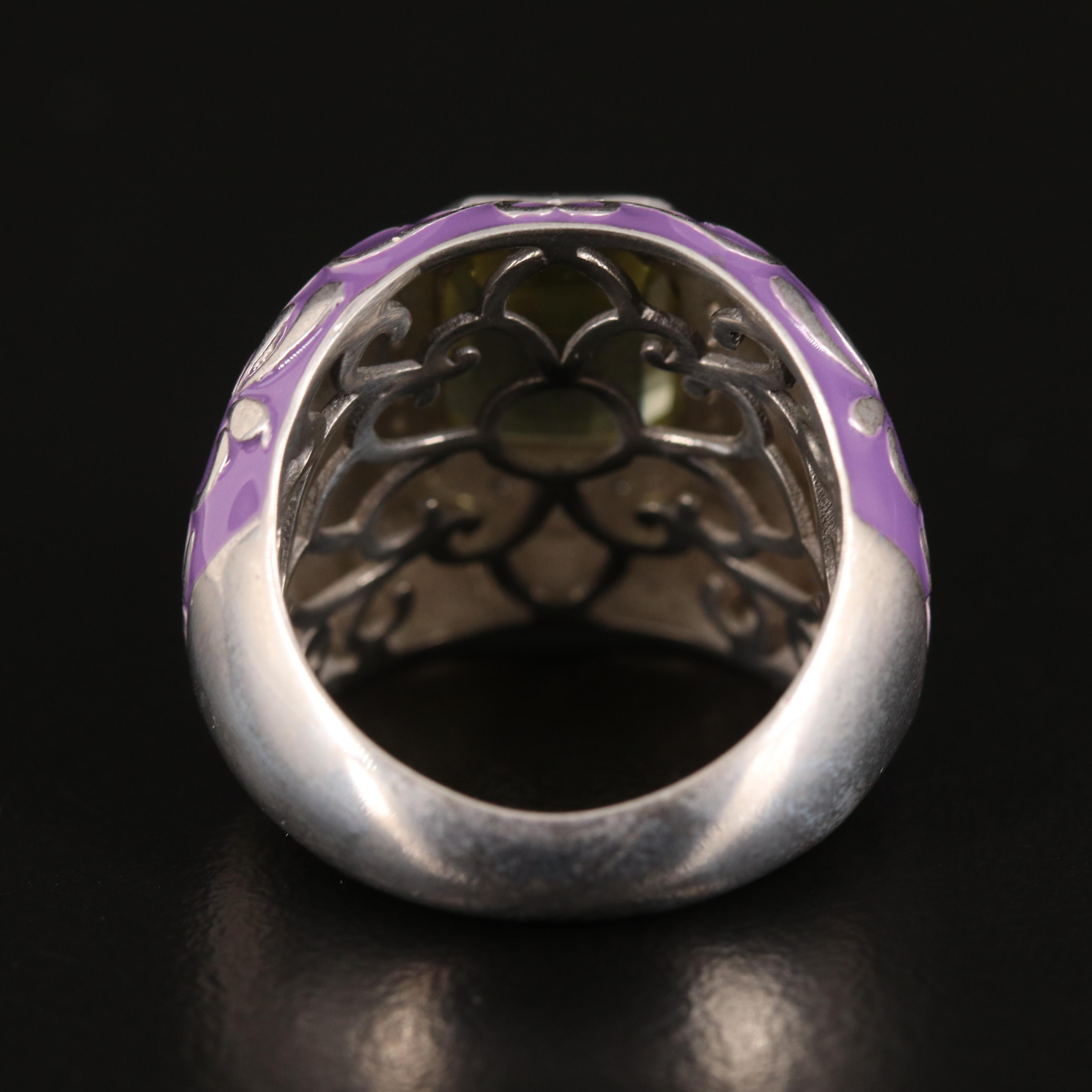 Citrine Ring with White Zircon Halo and Enameled Accents in Sterling