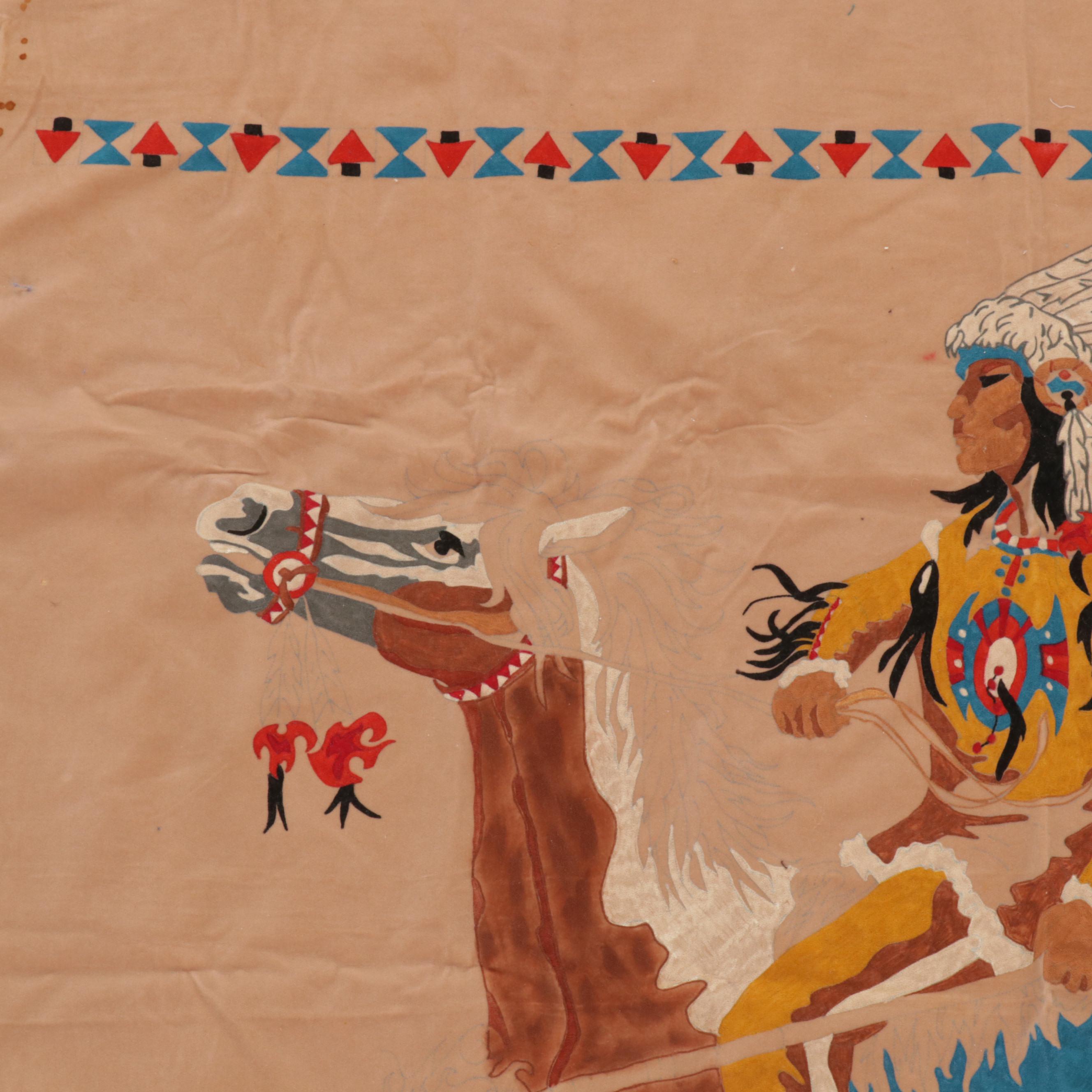 Folk Art Printed Velvet Hanging Textile of Native American on Horse, Circa 1970