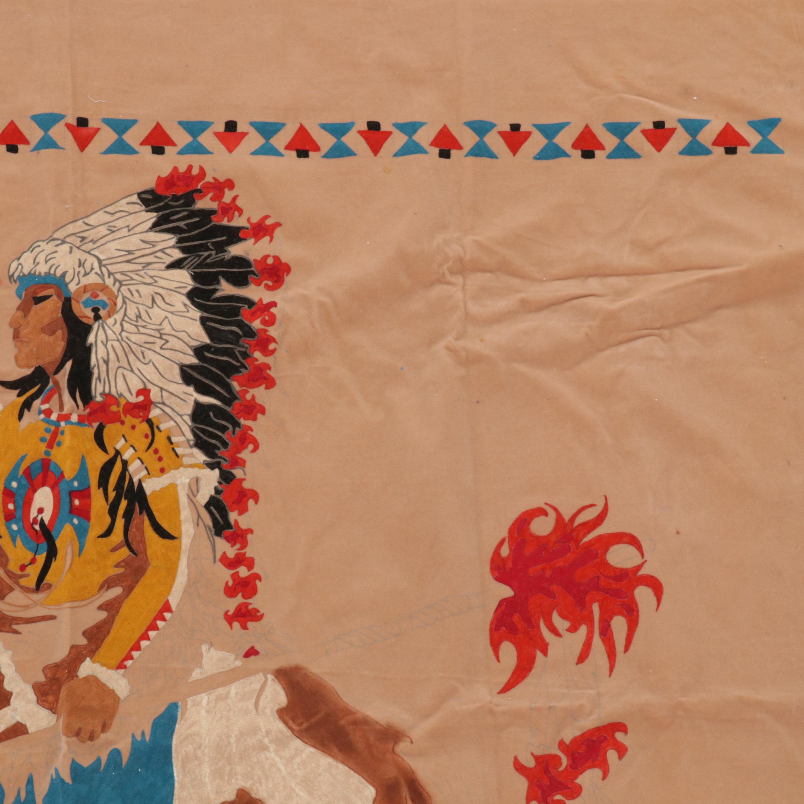 Folk Art Printed Velvet Hanging Textile of Native American on Horse, Circa 1970