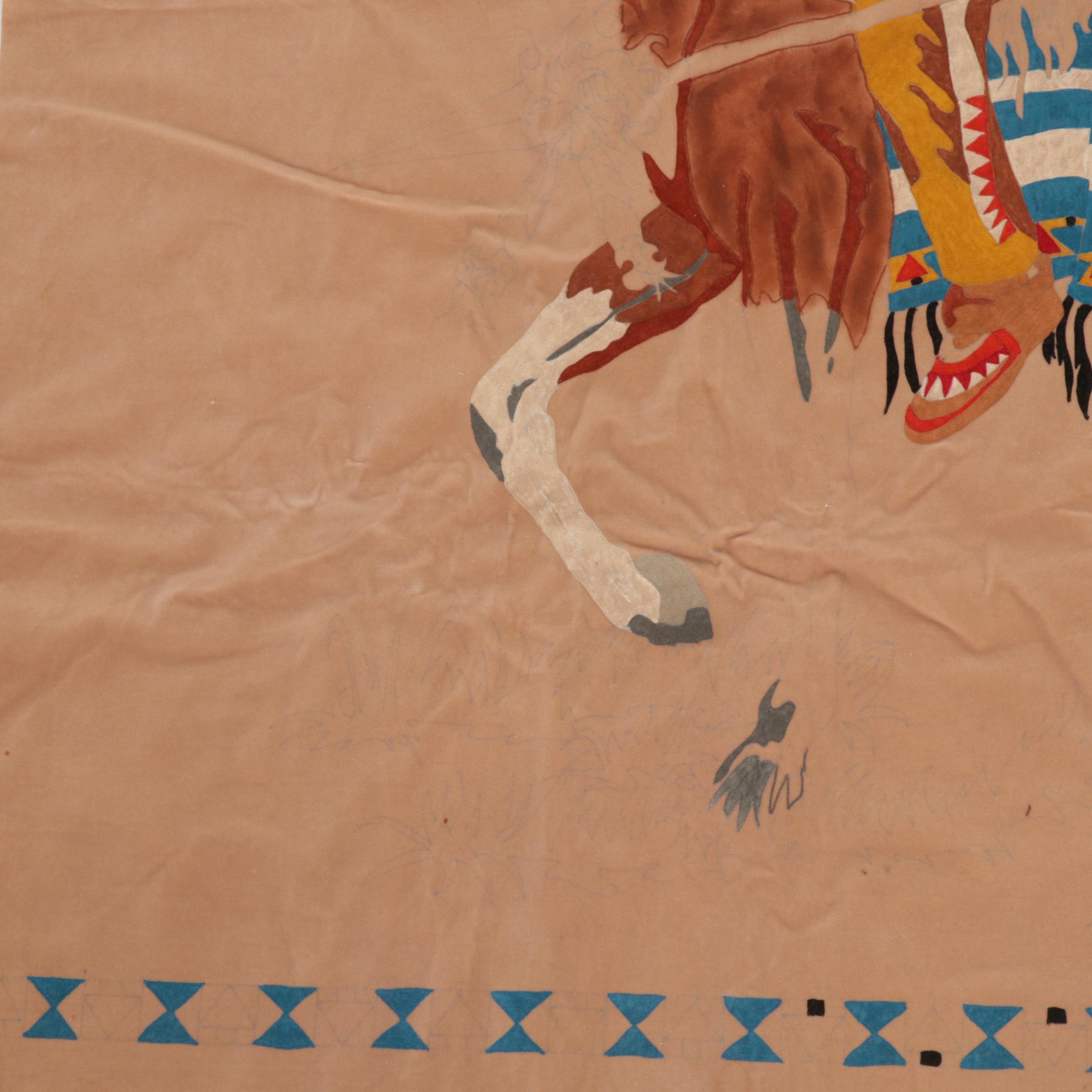 Folk Art Printed Velvet Hanging Textile of Native American on Horse, Circa 1970