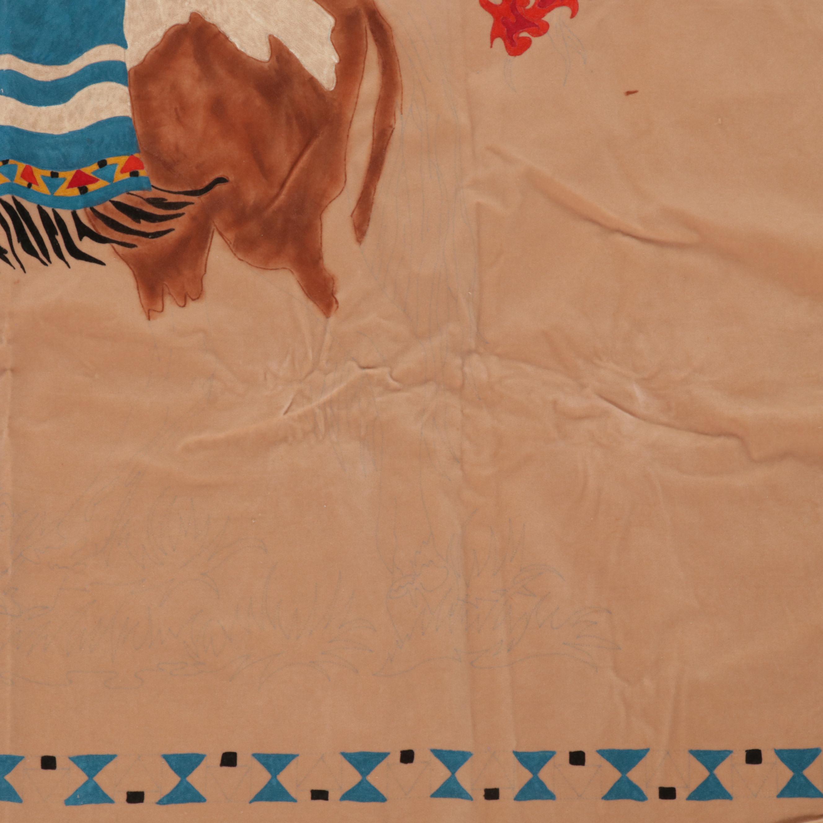 Folk Art Printed Velvet Hanging Textile of Native American on Horse, Circa 1970