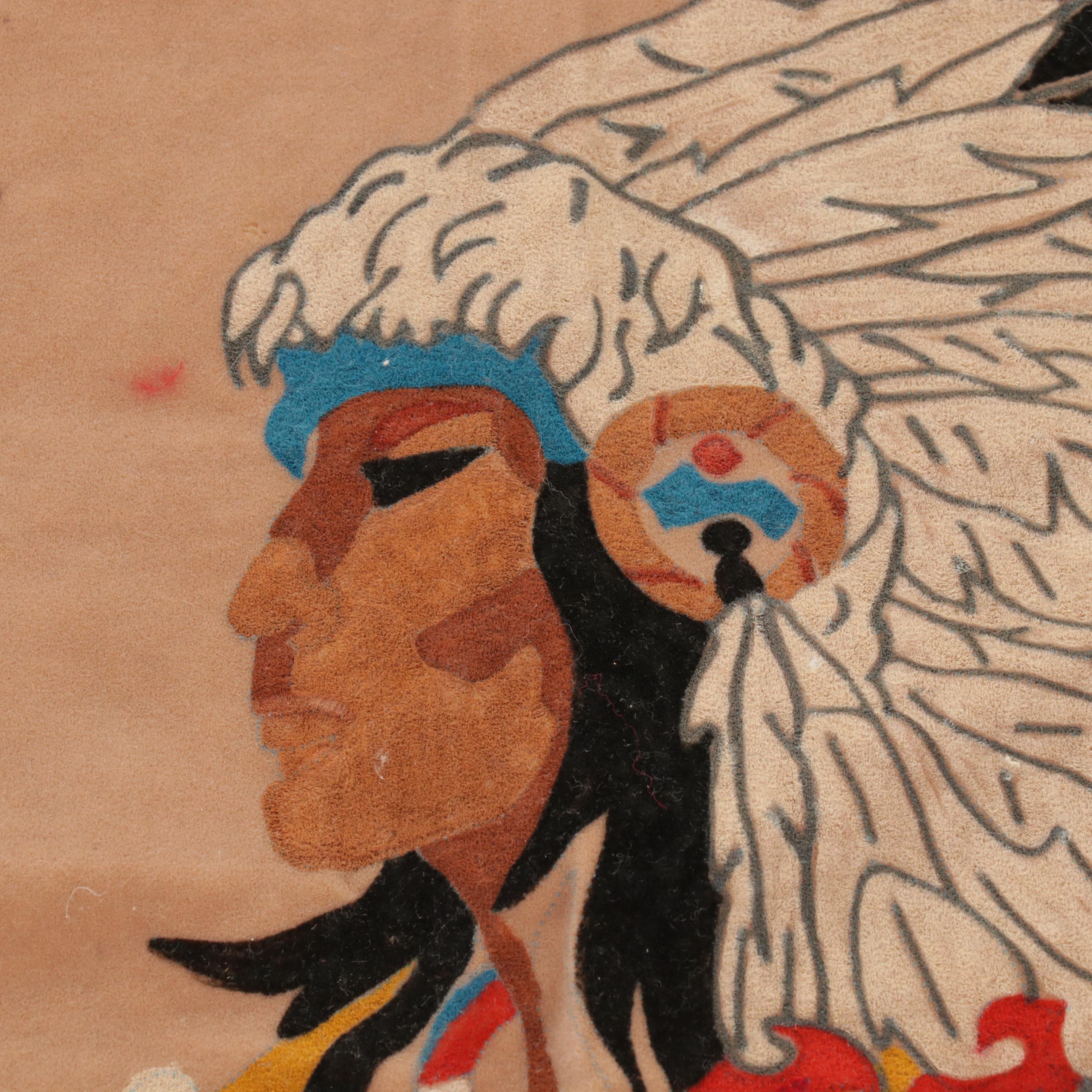 Folk Art Printed Velvet Hanging Textile of Native American on Horse, Circa 1970