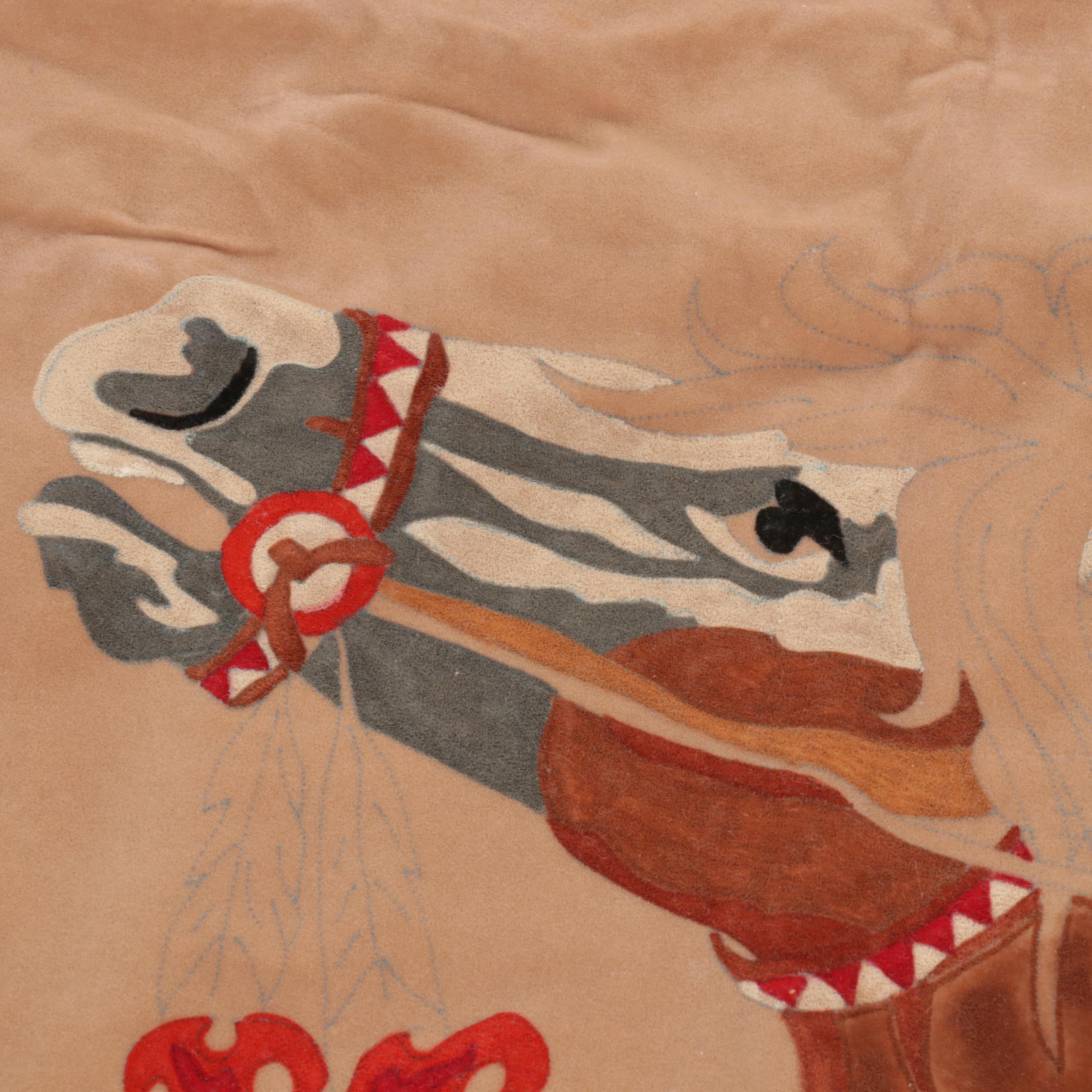 Folk Art Printed Velvet Hanging Textile of Native American on Horse, Circa 1970