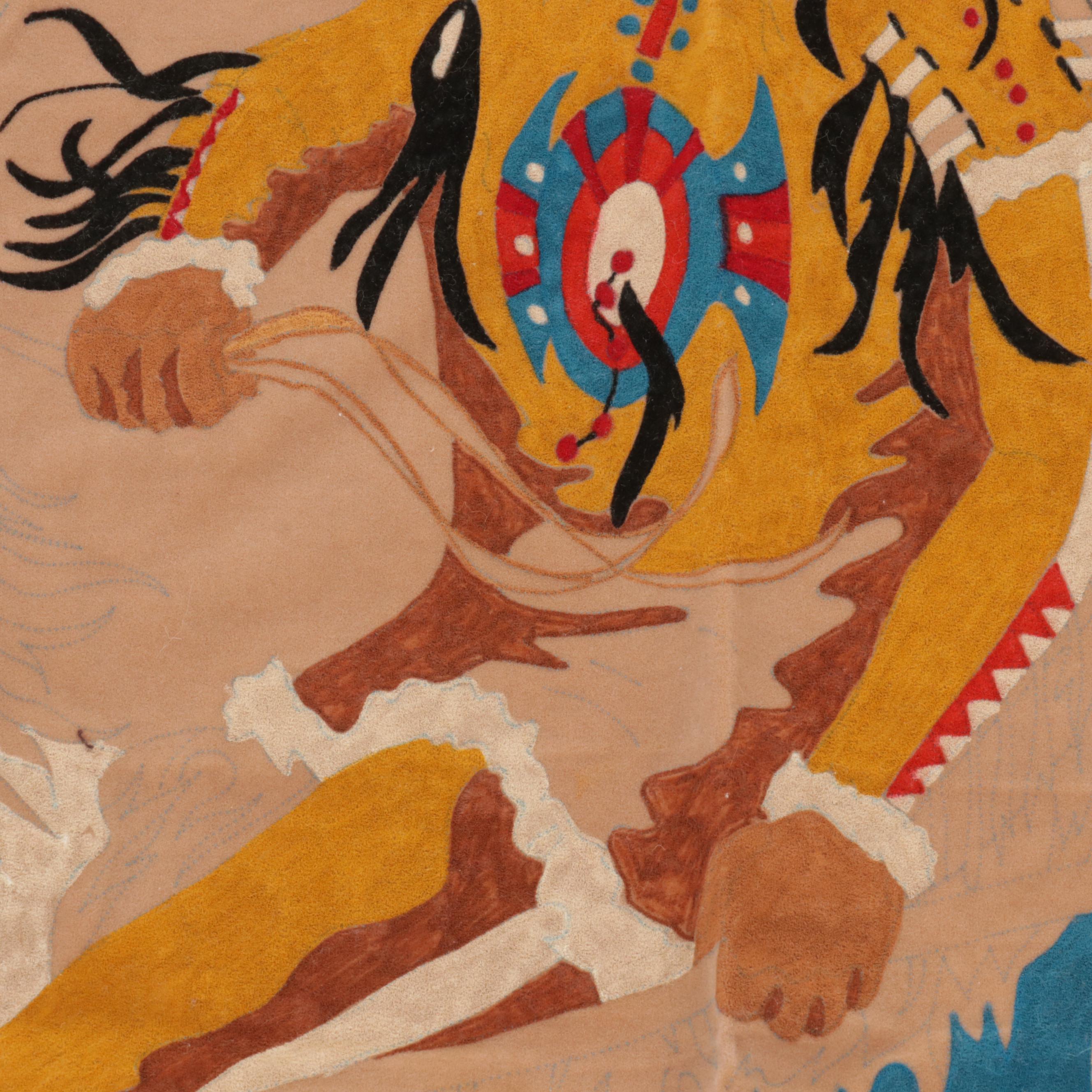 Folk Art Printed Velvet Hanging Textile of Native American on Horse, Circa 1970