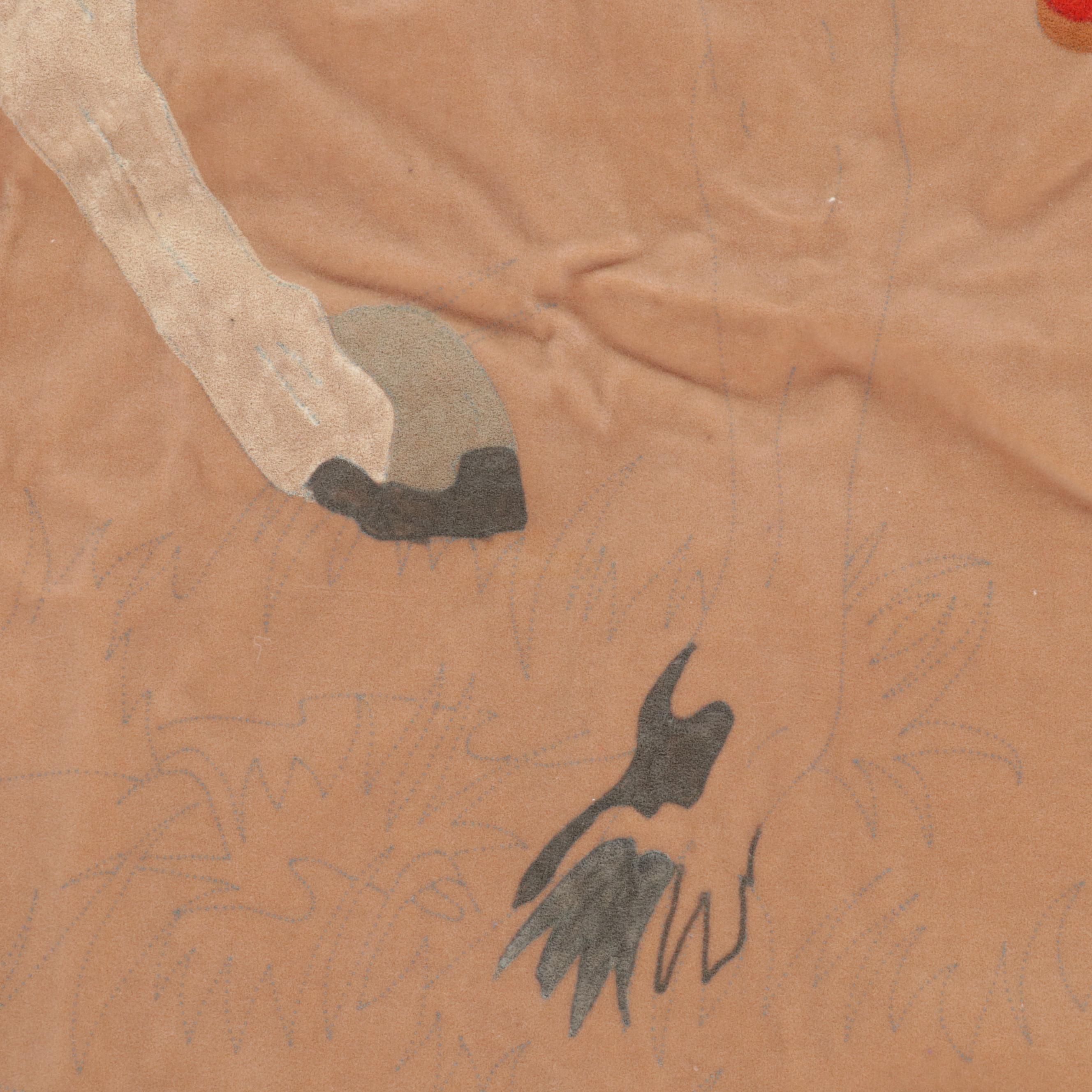 Folk Art Printed Velvet Hanging Textile of Native American on Horse, Circa 1970