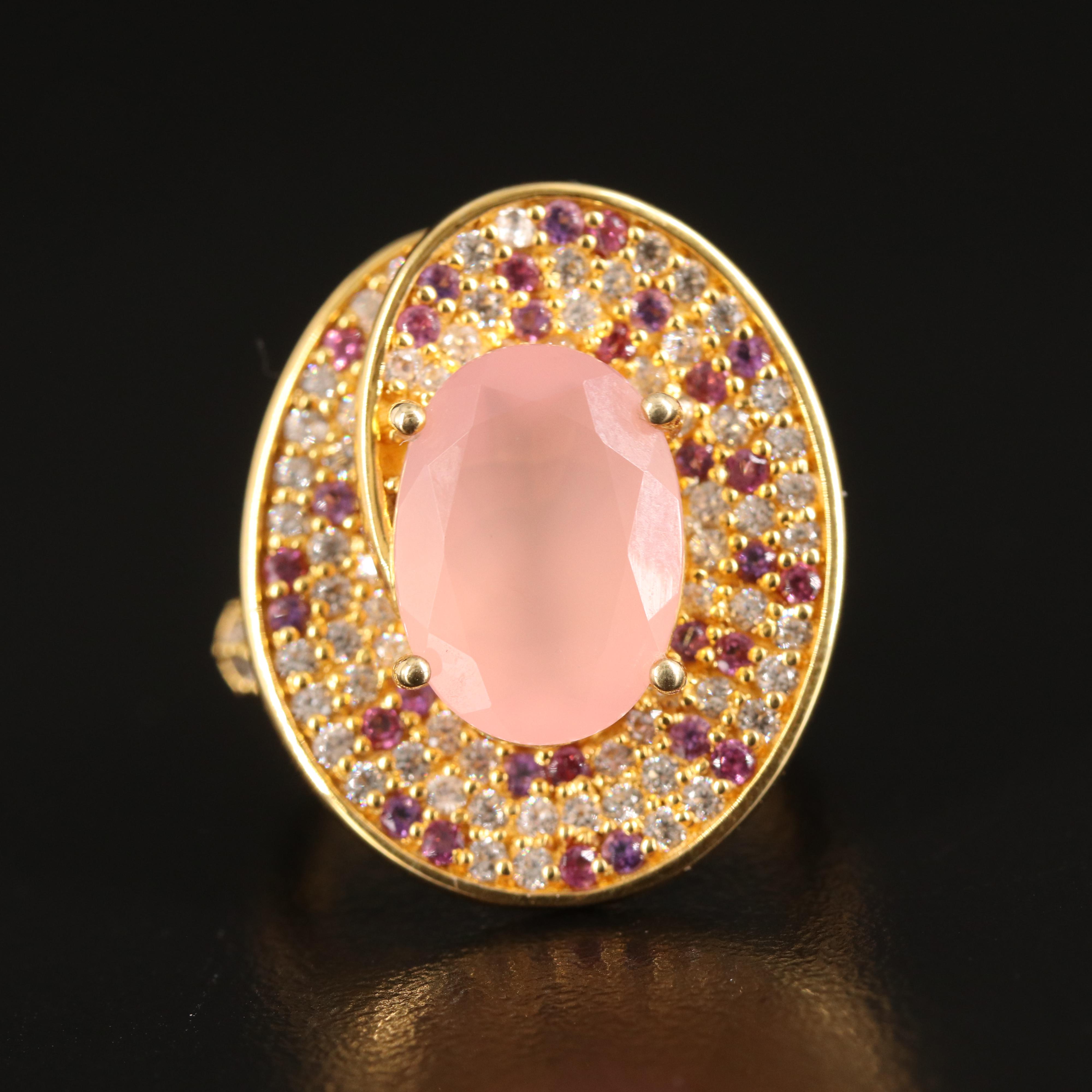 Rose Quartz Ring Surrounded by Amethyst and White Zircon in Sterling