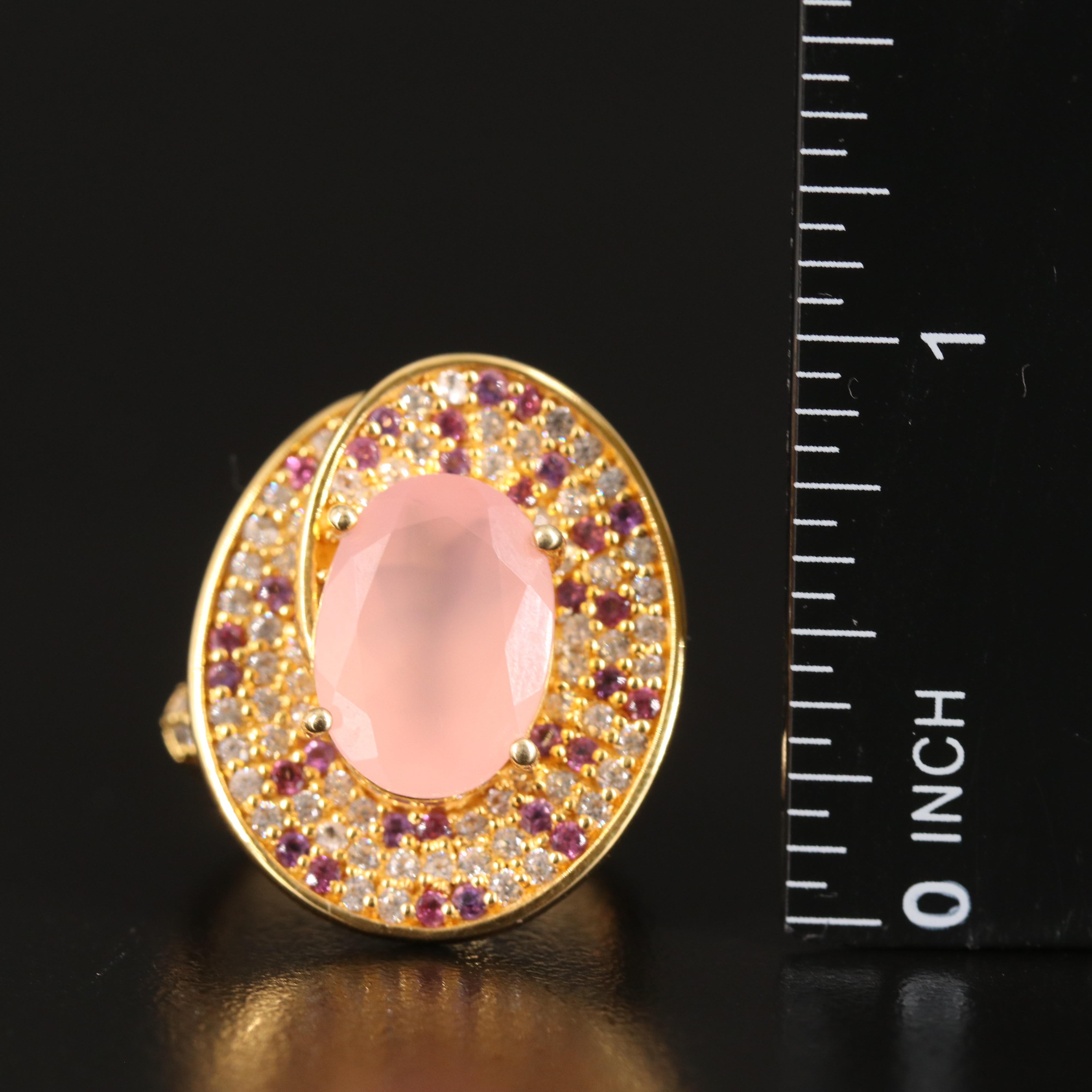 Rose Quartz Ring Surrounded by Amethyst and White Zircon in Sterling