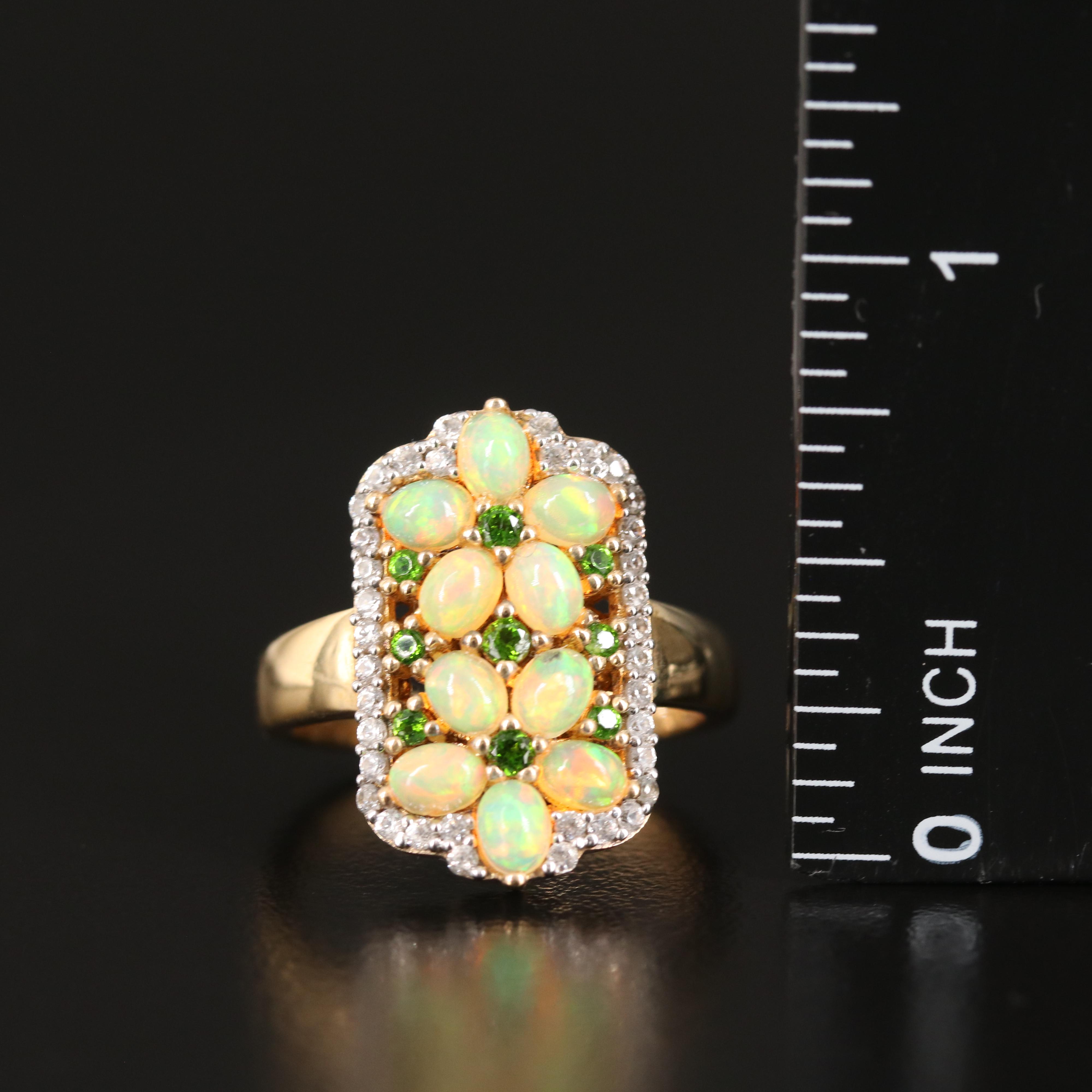 Opal Double Flower Ring with Diopside Accents and White Zircon Halo