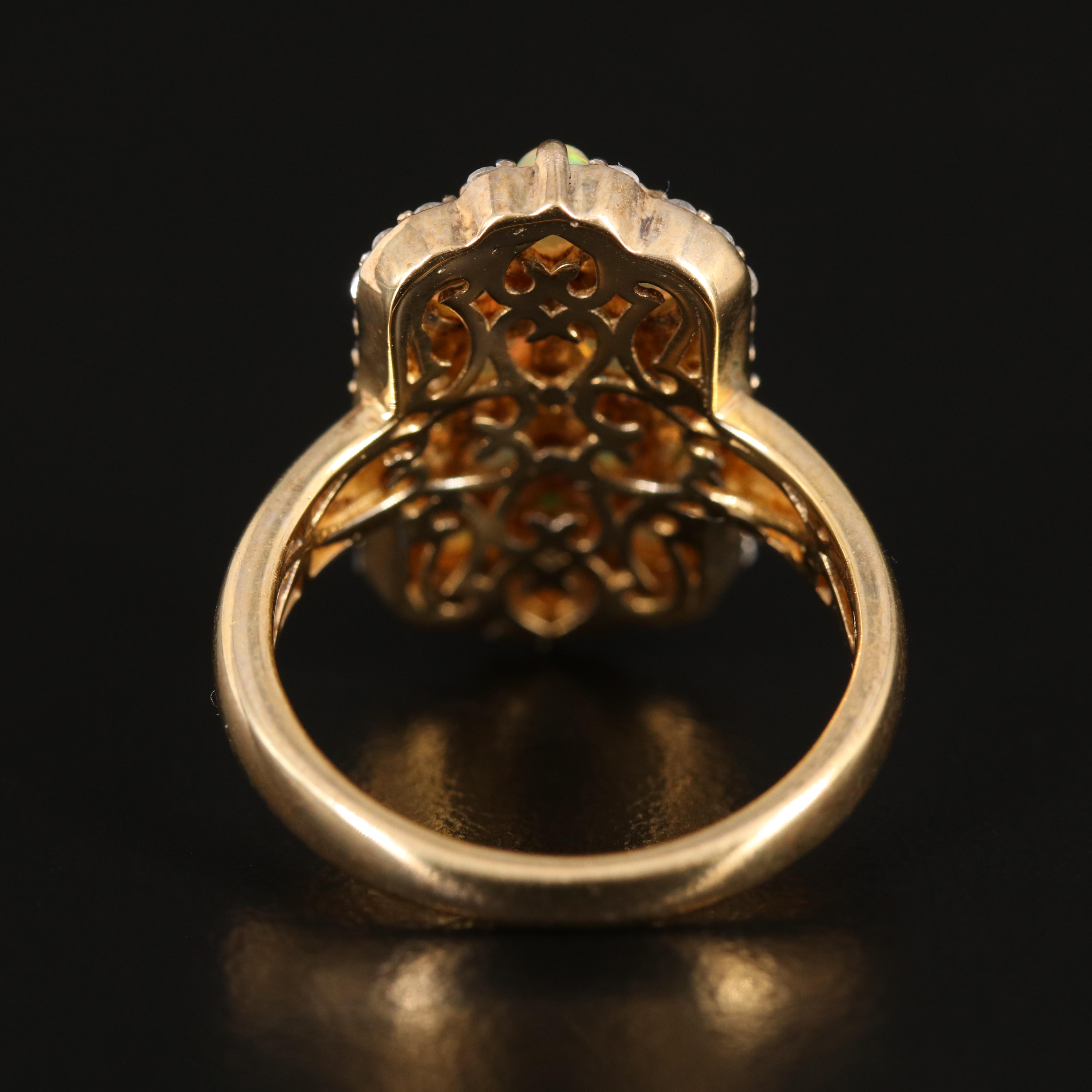 Opal Double Flower Ring with Diopside Accents and White Zircon Halo