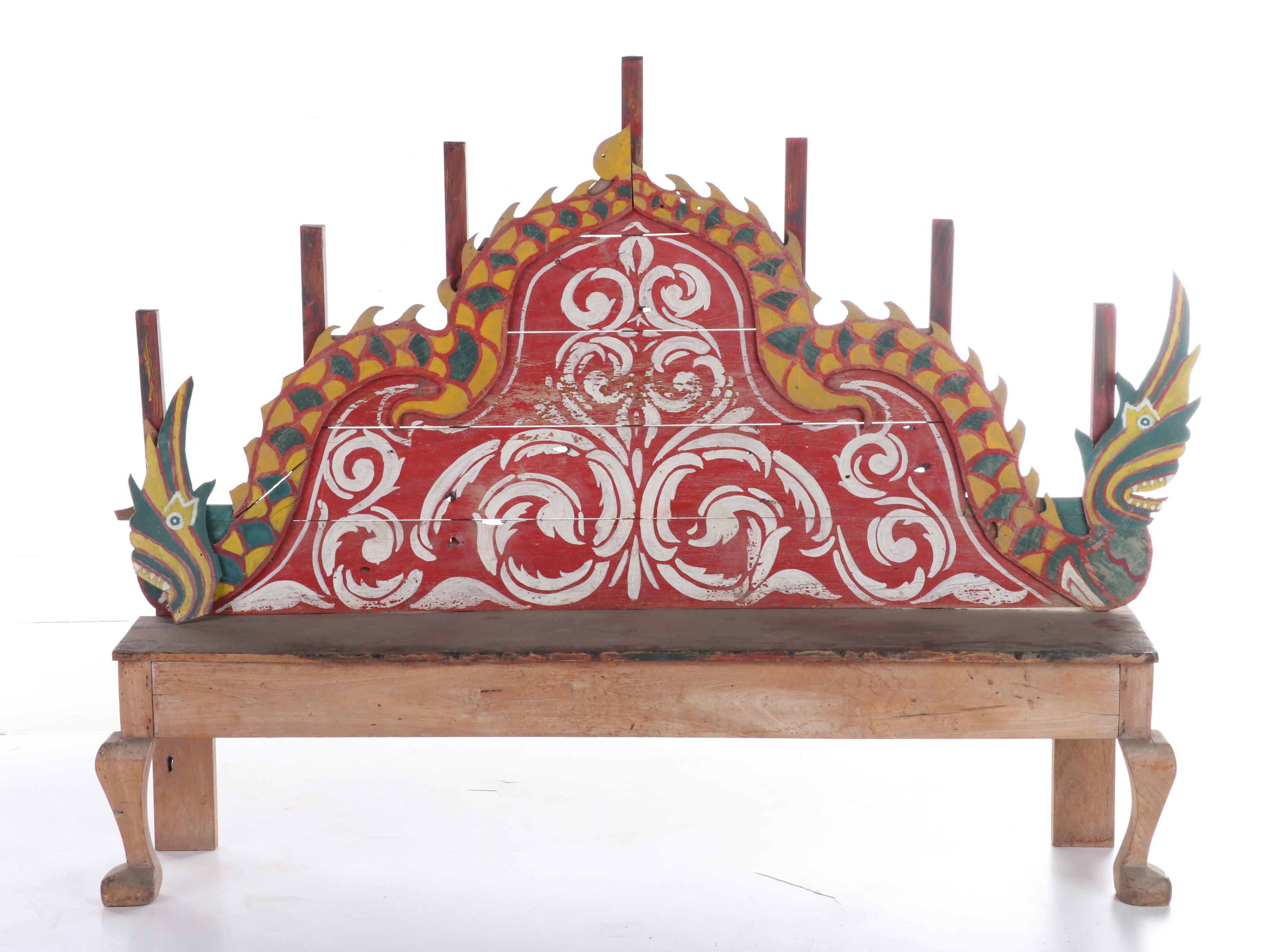 Thai Paint-Decorated Teak Bench, Mid-20th Century