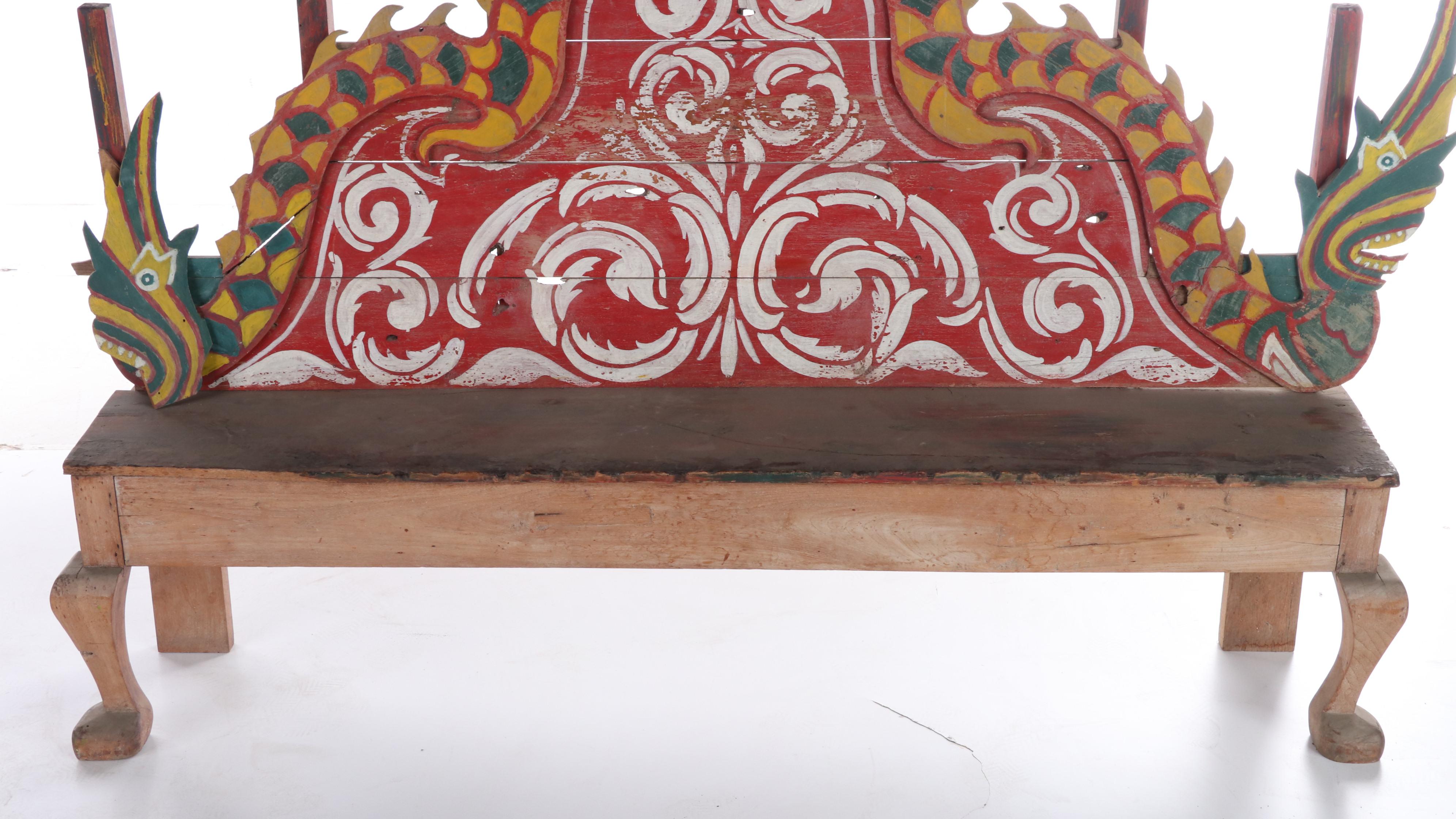 Thai Paint-Decorated Teak Bench, Mid-20th Century