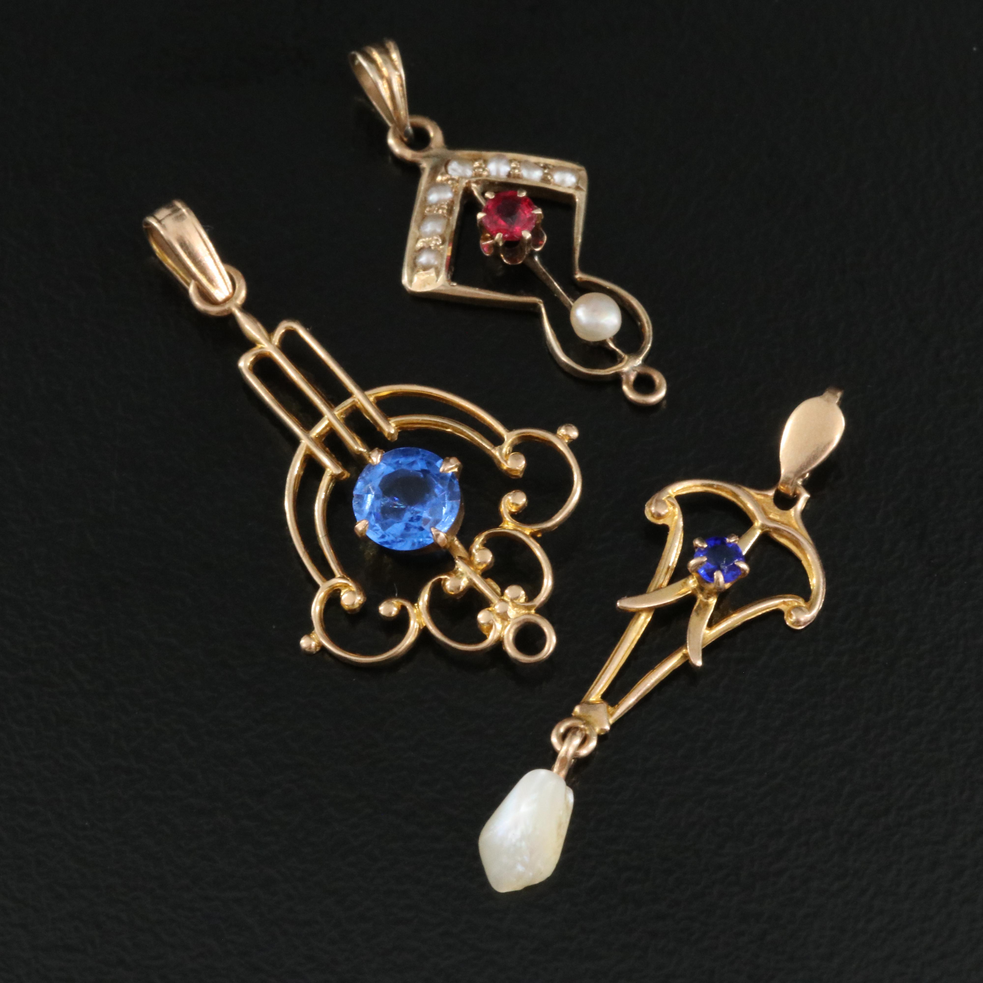 Antique and Vintage 10K Lavalier Pendants Including Seed and Dog Tooth Pearls