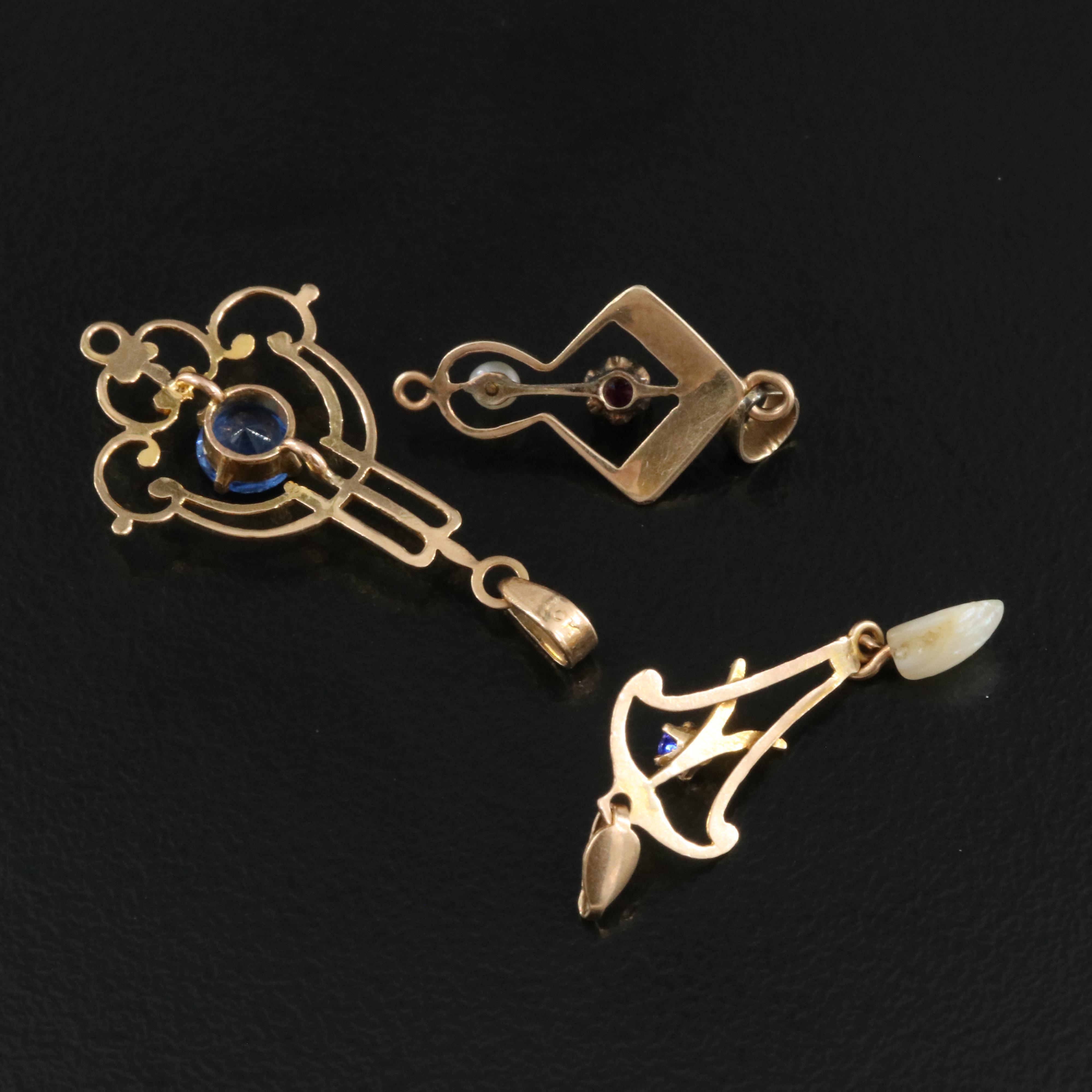 Antique and Vintage 10K Lavalier Pendants Including Seed and Dog Tooth Pearls