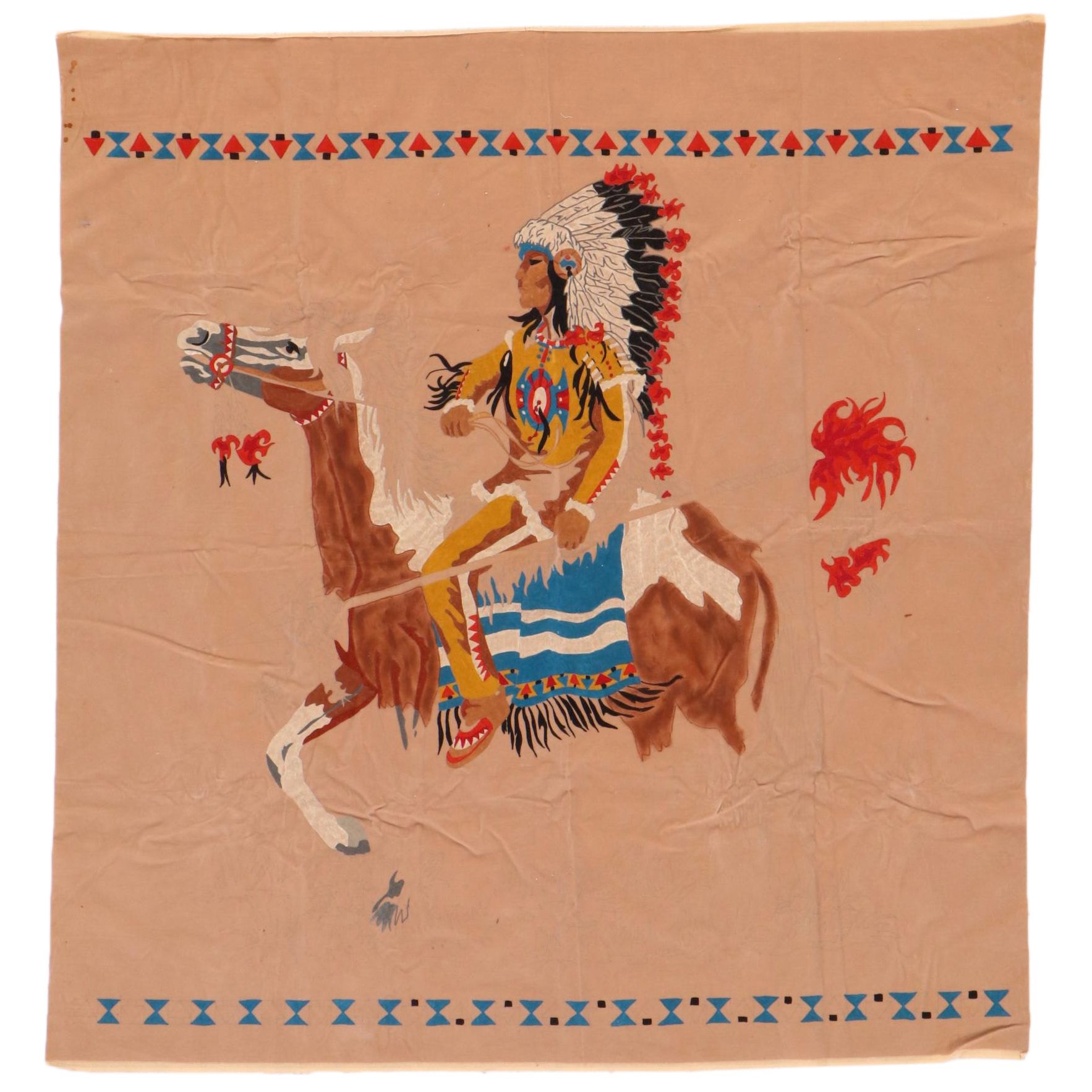 Folk Art Printed Velvet Hanging Textile of Native American on Horse, Circa 1970