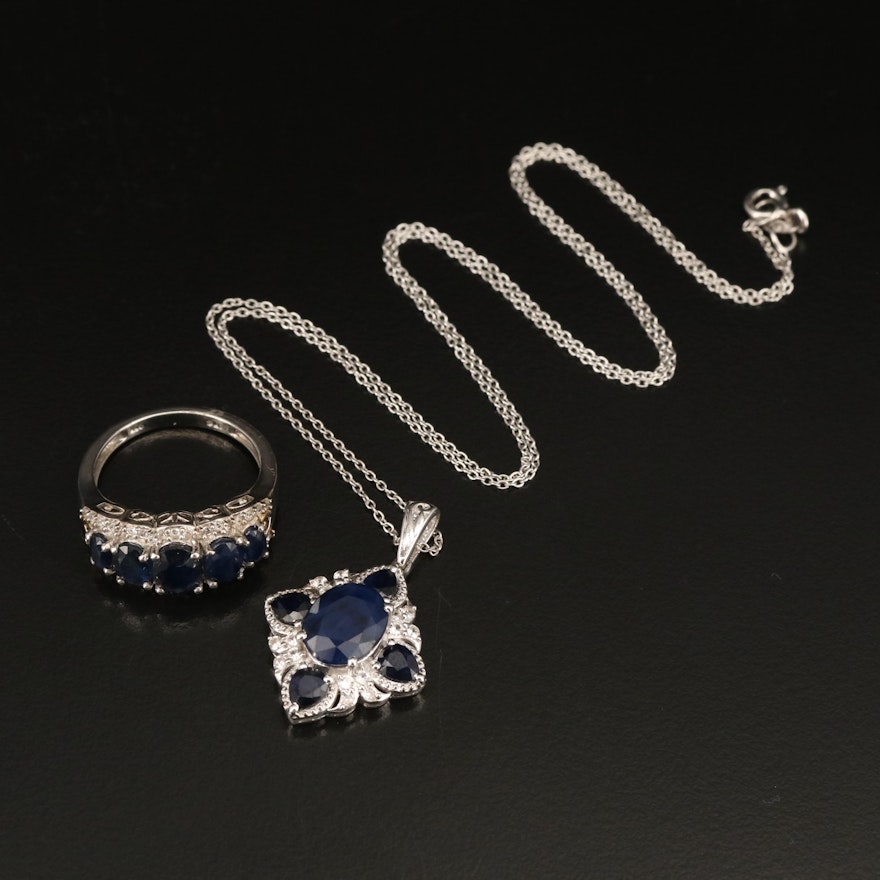 Sterling Sapphire and White Topaz and Zircon Pendant Necklace and Ring