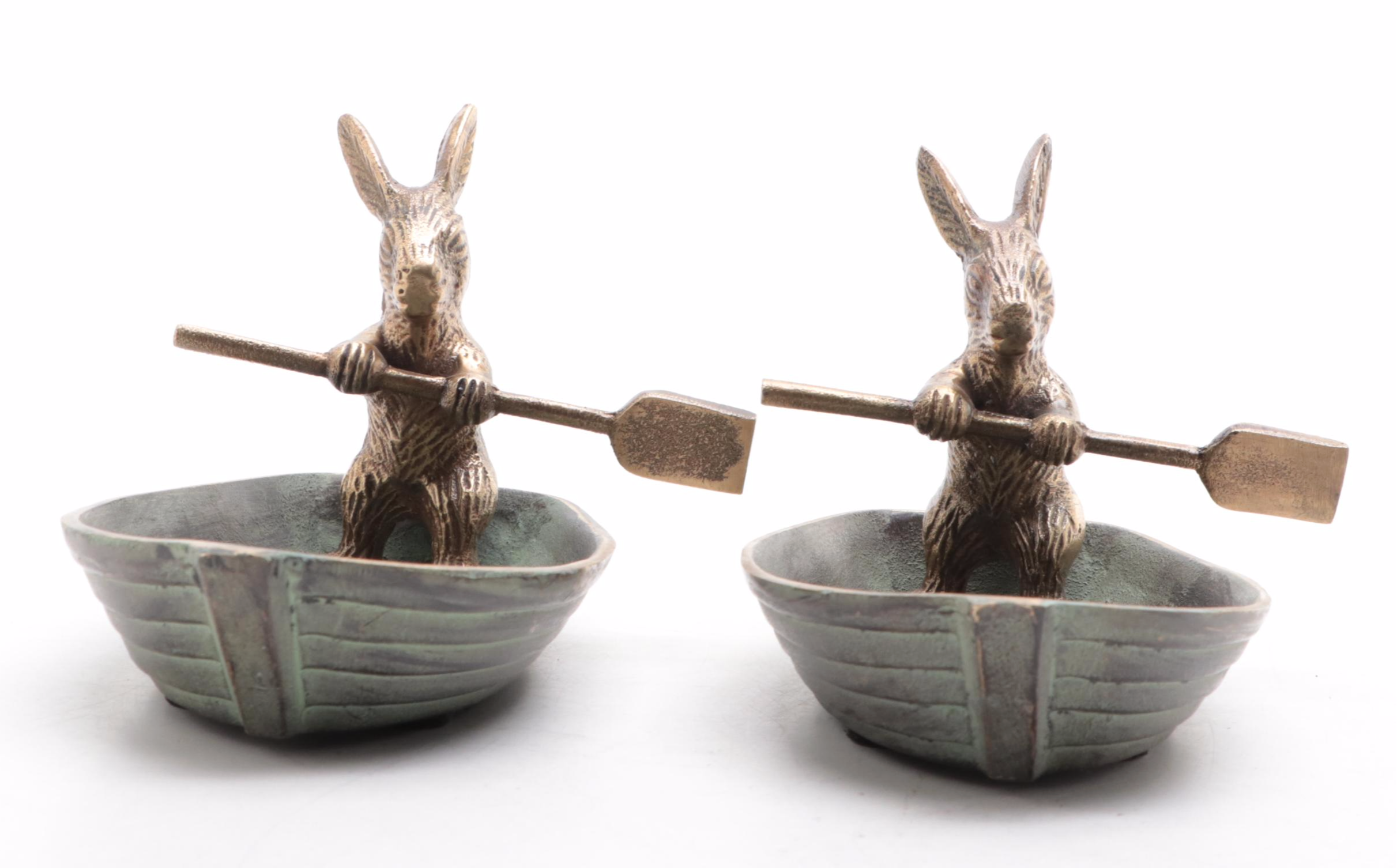 Patinated Cast Brass Rabbit in Rowboat Trinket Dishes