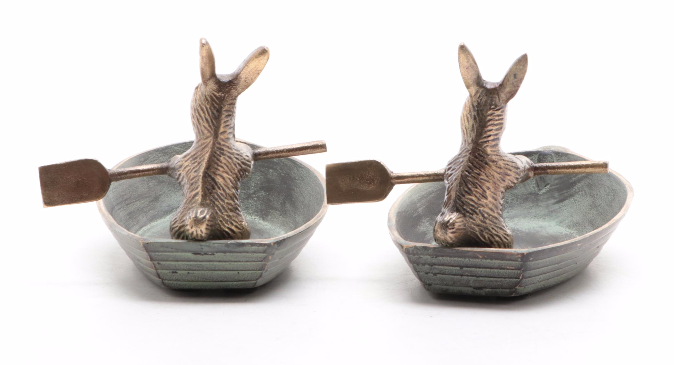 Patinated Cast Brass Rabbit in Rowboat Trinket Dishes