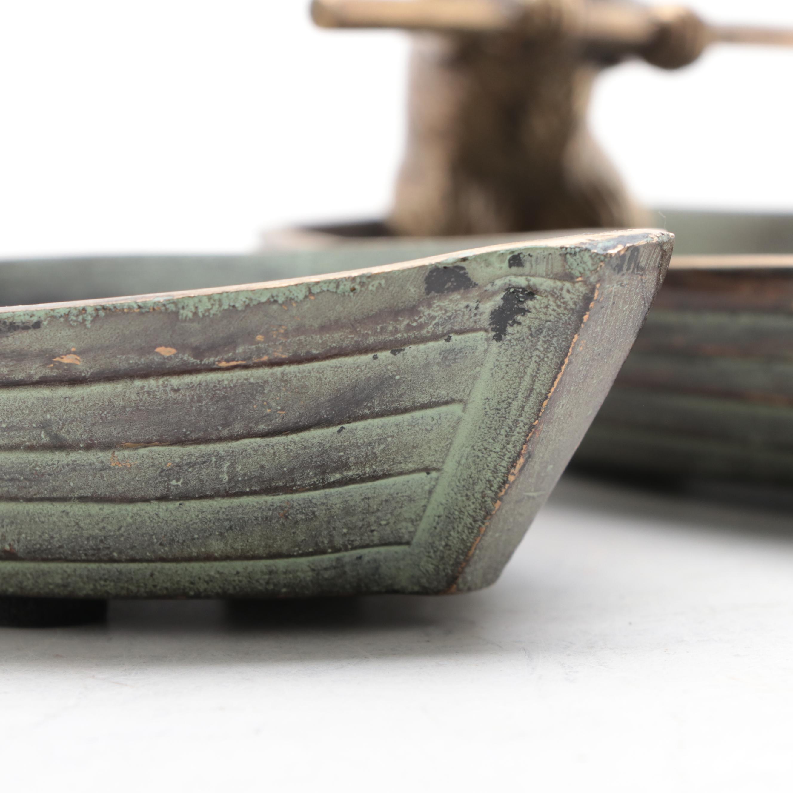 Patinated Cast Brass Rabbit in Rowboat Trinket Dishes