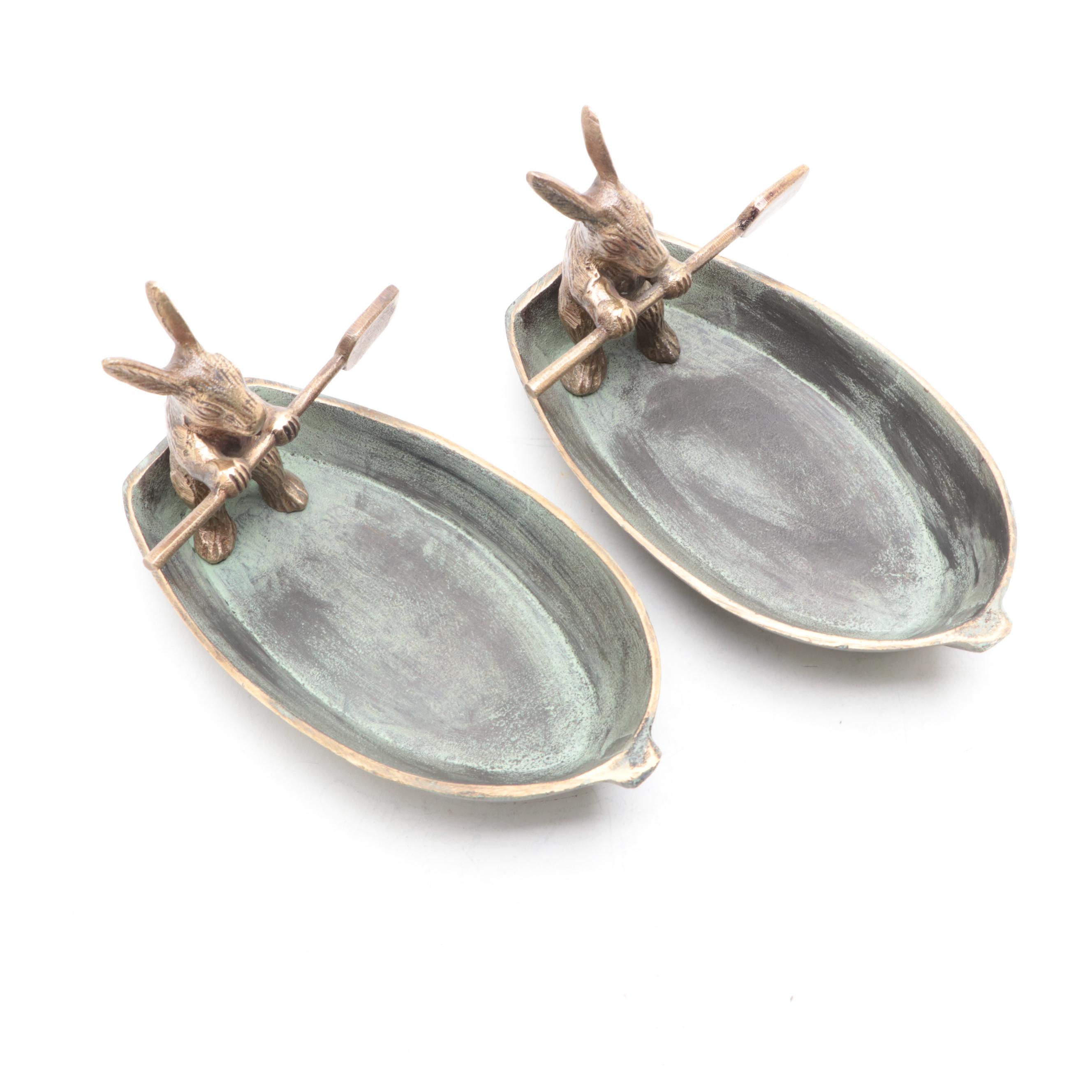 Patinated Cast Brass Rabbit in Rowboat Trinket Dishes