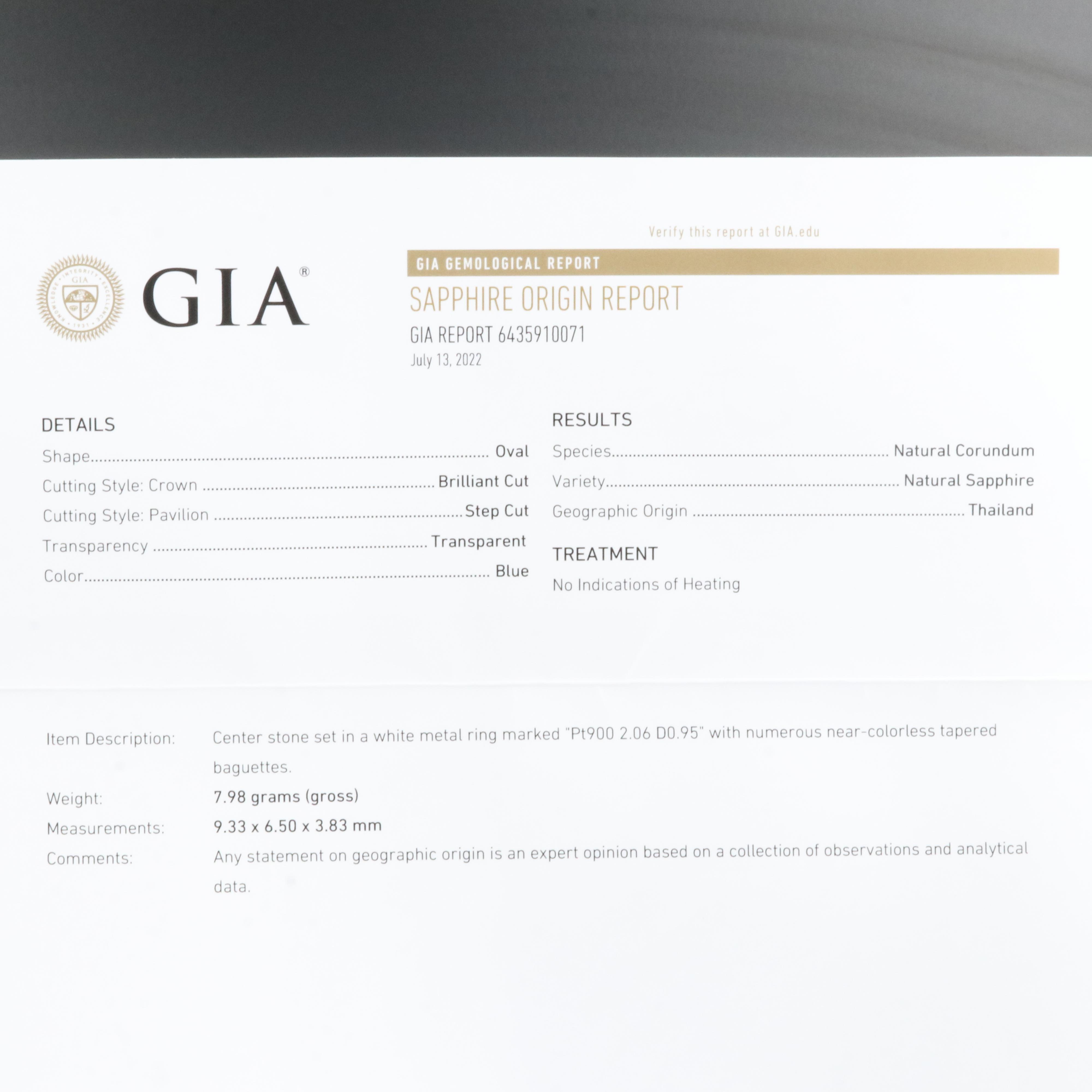 Platinum 2.06 CT Unheated Thai Sapphire and Diamond Ring with GIA Report